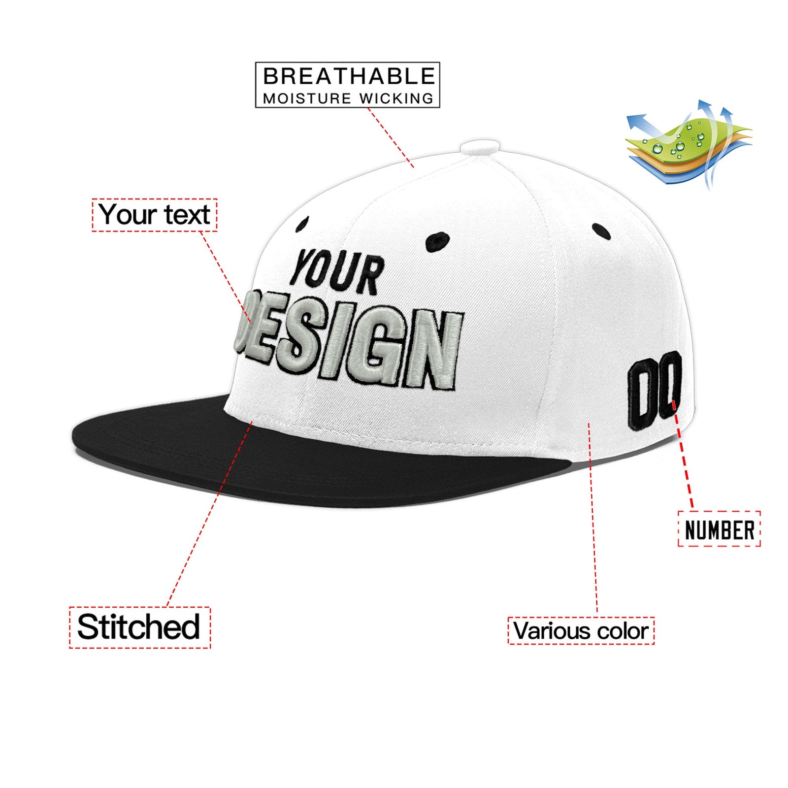 Custom White Black 3D Puff Embroidery Flat Embroidery Casual Sport Baseball Cap