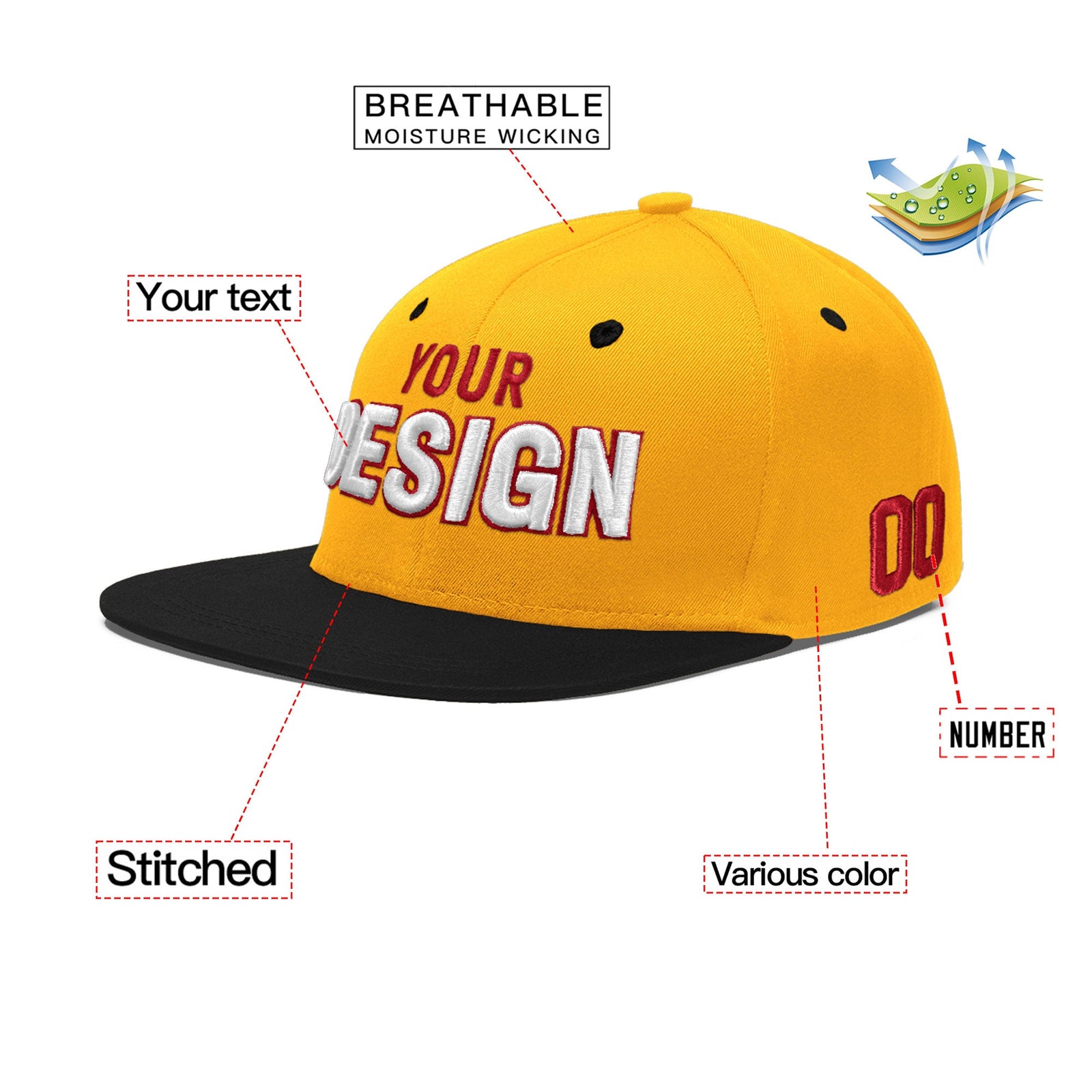 Custom Gold Black 3D Puff Embroidery Flat Embroidery Casual Sport Baseball Cap