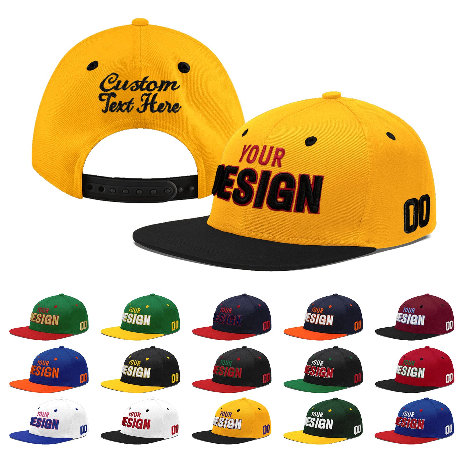Custom Gold Black 75D Puff Embroidery Flat Embroidery Casual Sport Baseball Cap
