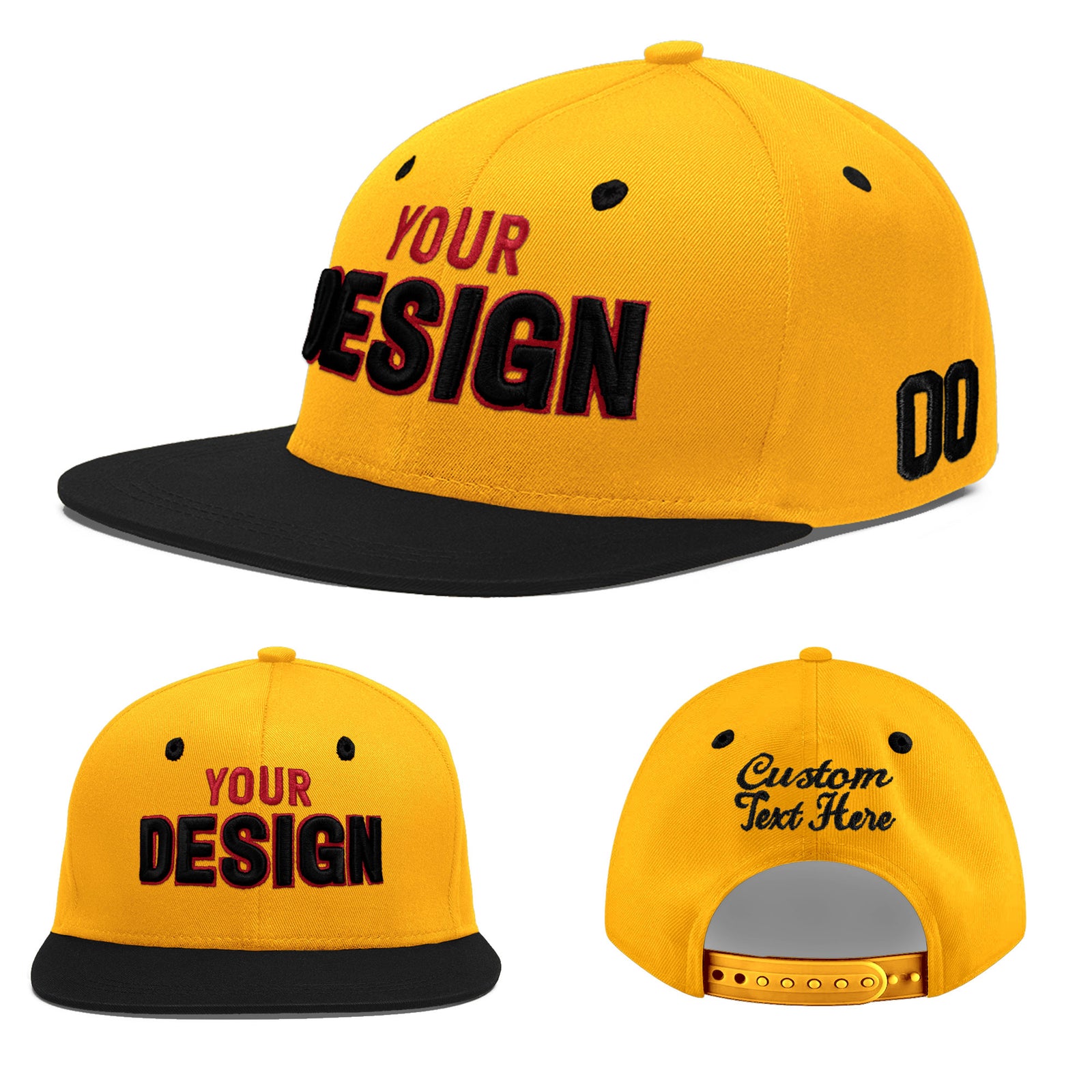 Custom Gold Black 76D Puff Embroidery Flat Embroidery Casual Sport Baseball Cap
