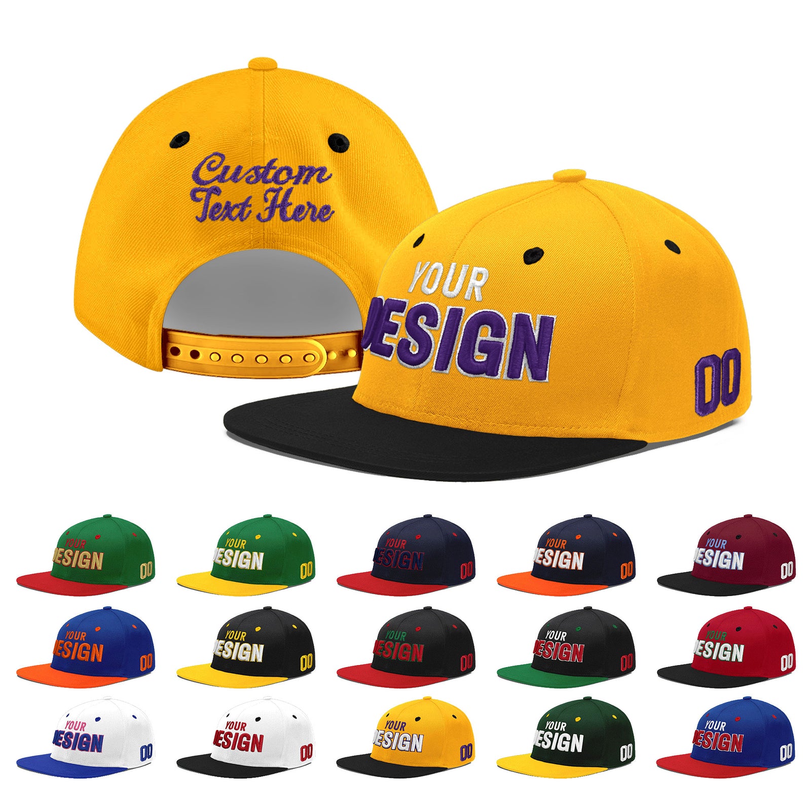 Custom Gold Black 83D Puff Embroidery Flat Embroidery Casual Sport Baseball Cap