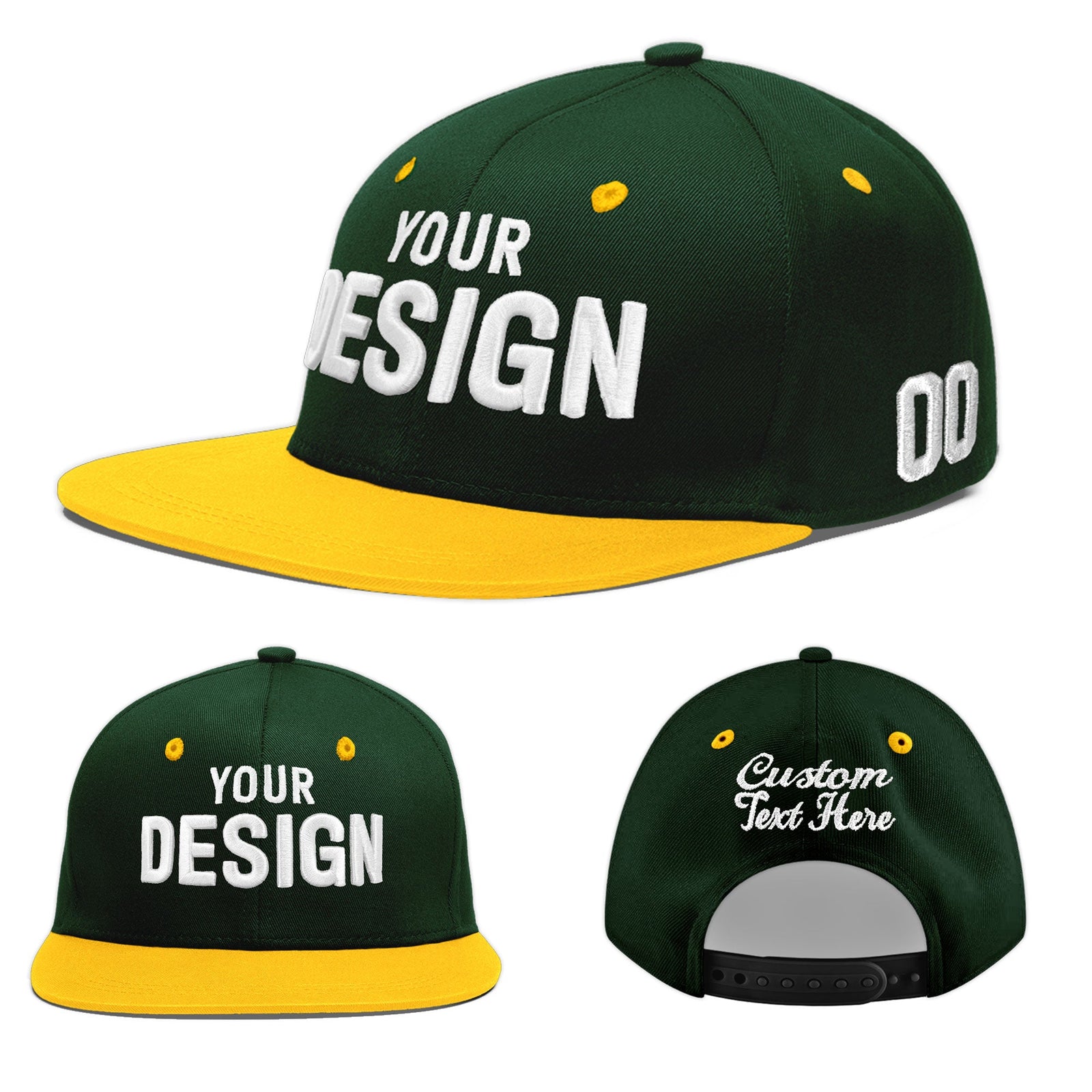 Custom Green Gold 3D Puff Embroidery Flat Embroidery Casual Sport Baseball Cap