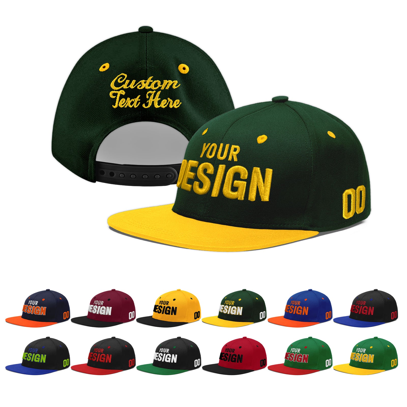 Custom Green Gold 3D Puff Embroidery Flat Embroidery Casual Sport Baseball Cap
