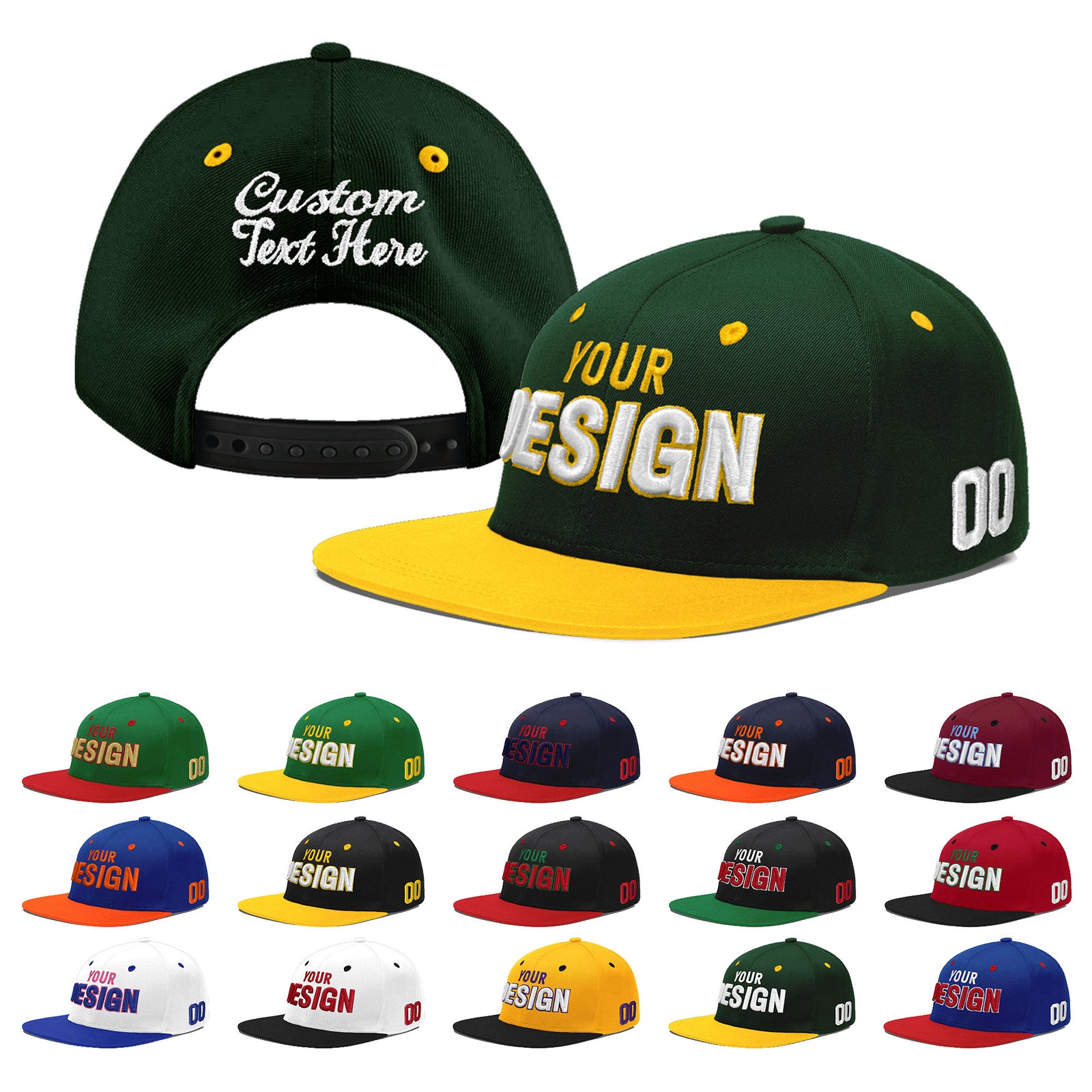Custom Green Gold 3D Puff Embroidery Flat Embroidery Casual Sport Baseball Cap