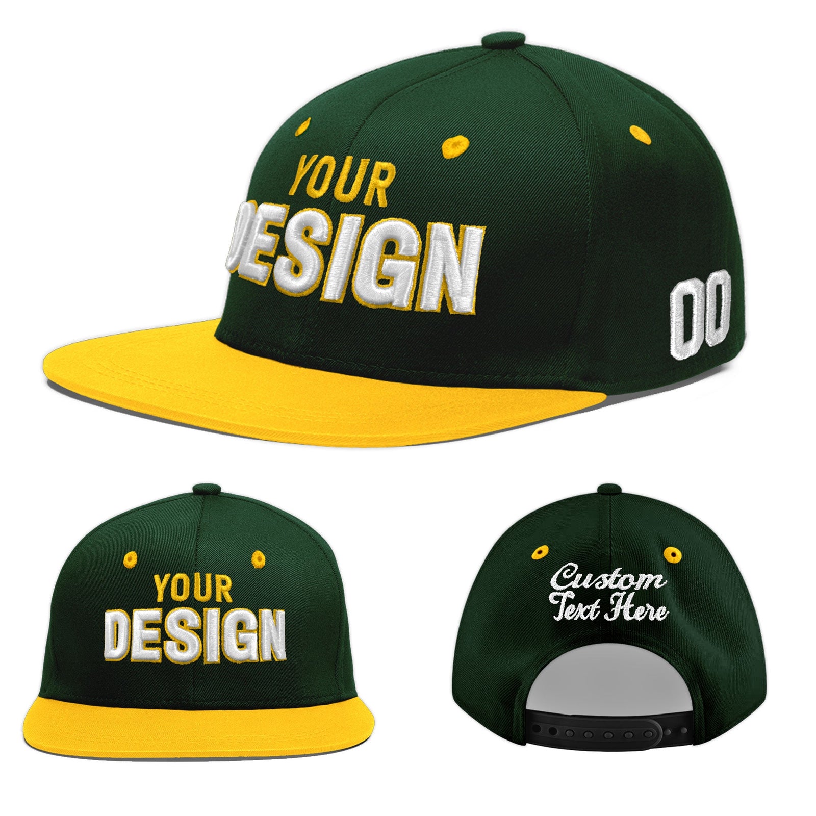 Custom Green Gold 3D Puff Embroidery Flat Embroidery Casual Sport Baseball Cap