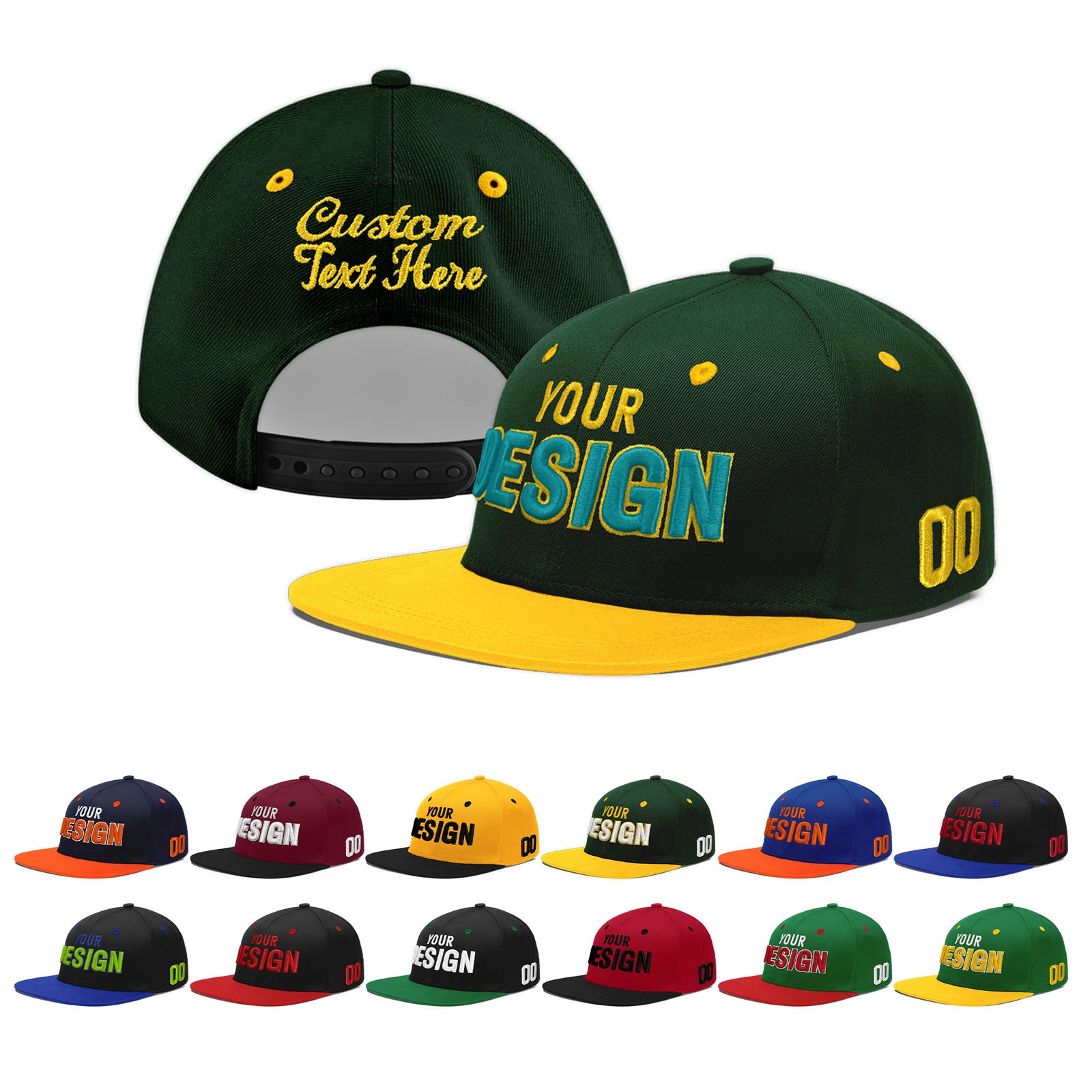Custom Green Gold 3D Puff Embroidery Flat Embroidery Casual Sport Baseball Cap