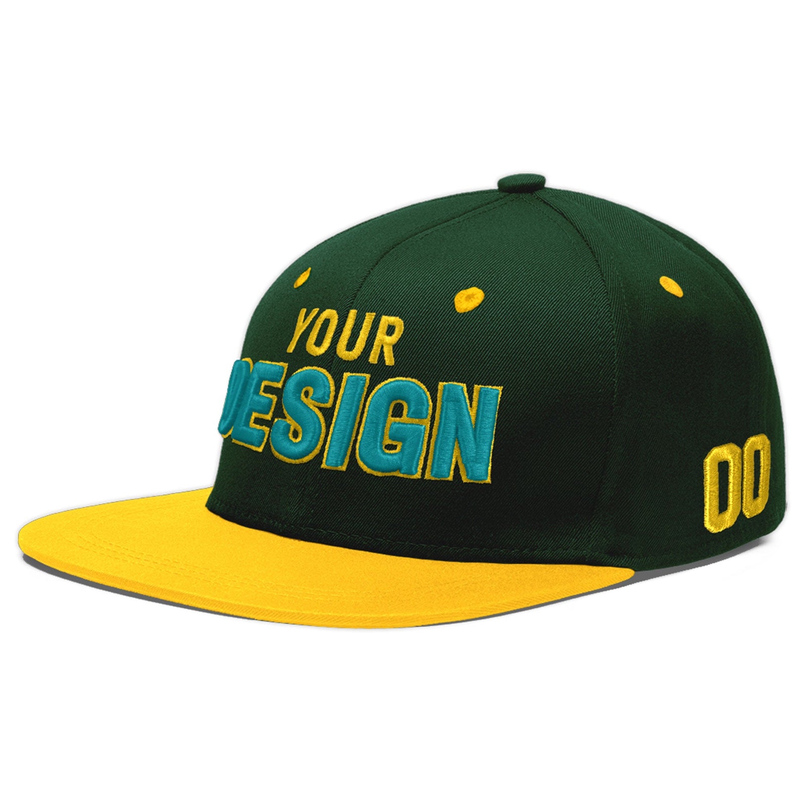 Custom Green Gold 3D Puff Embroidery Flat Embroidery Casual Sport Baseball Cap