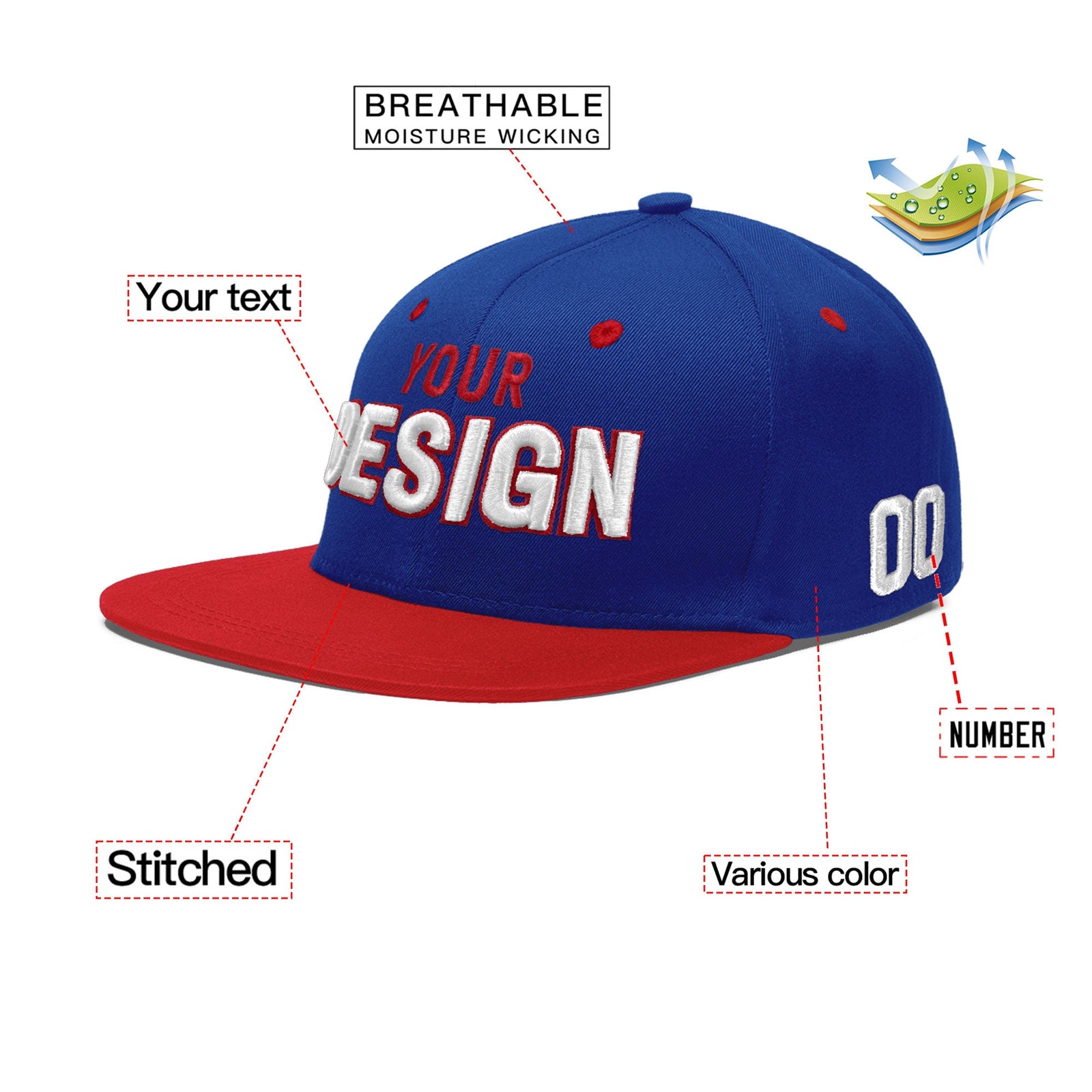 Custom Royal Blue Red 3D Puff Embroidery Flat Embroidery Casual Sport Baseball Cap