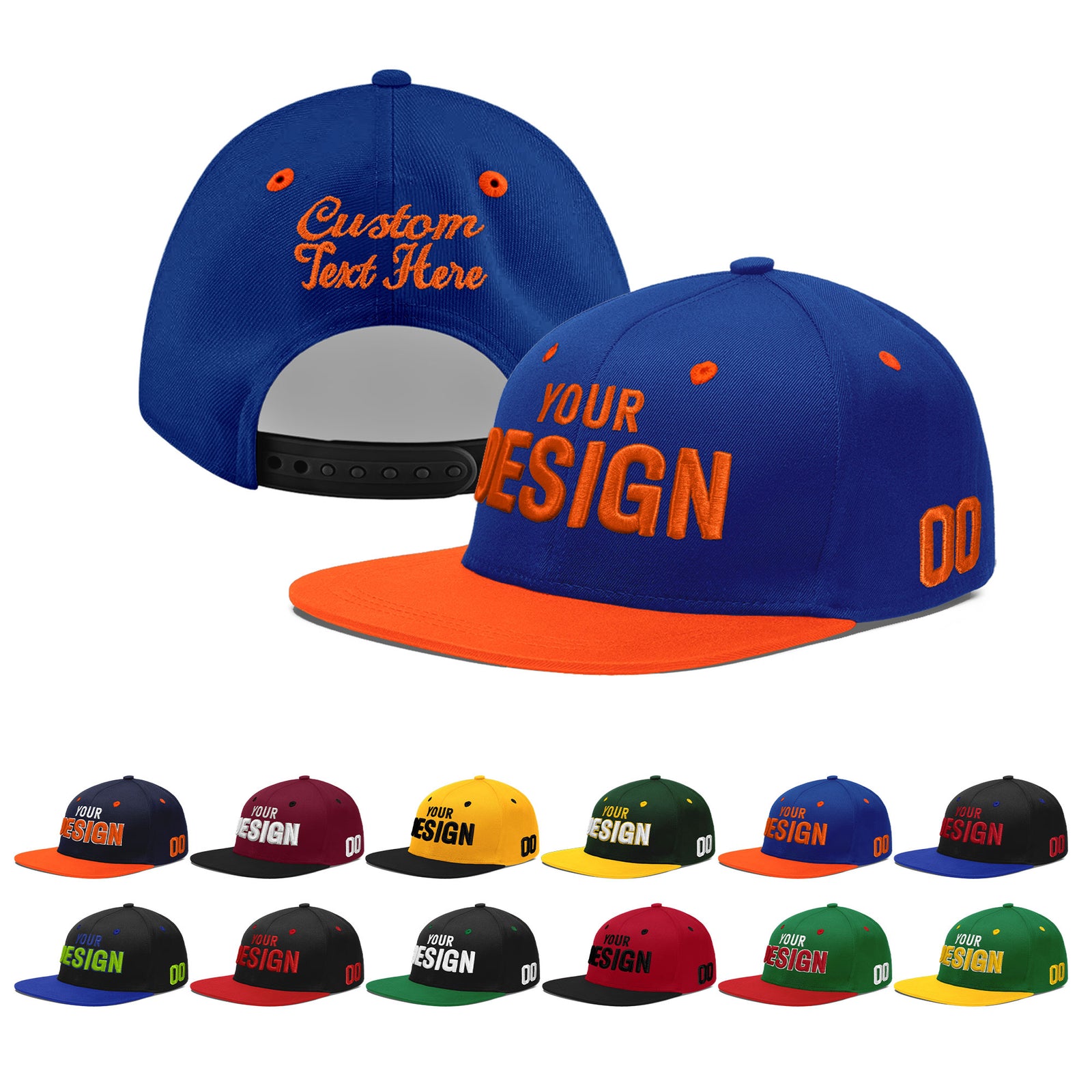 Custom Royal Blue Orange 3D Puff Embroidery Flat Embroidery Casual Sport Baseball Cap