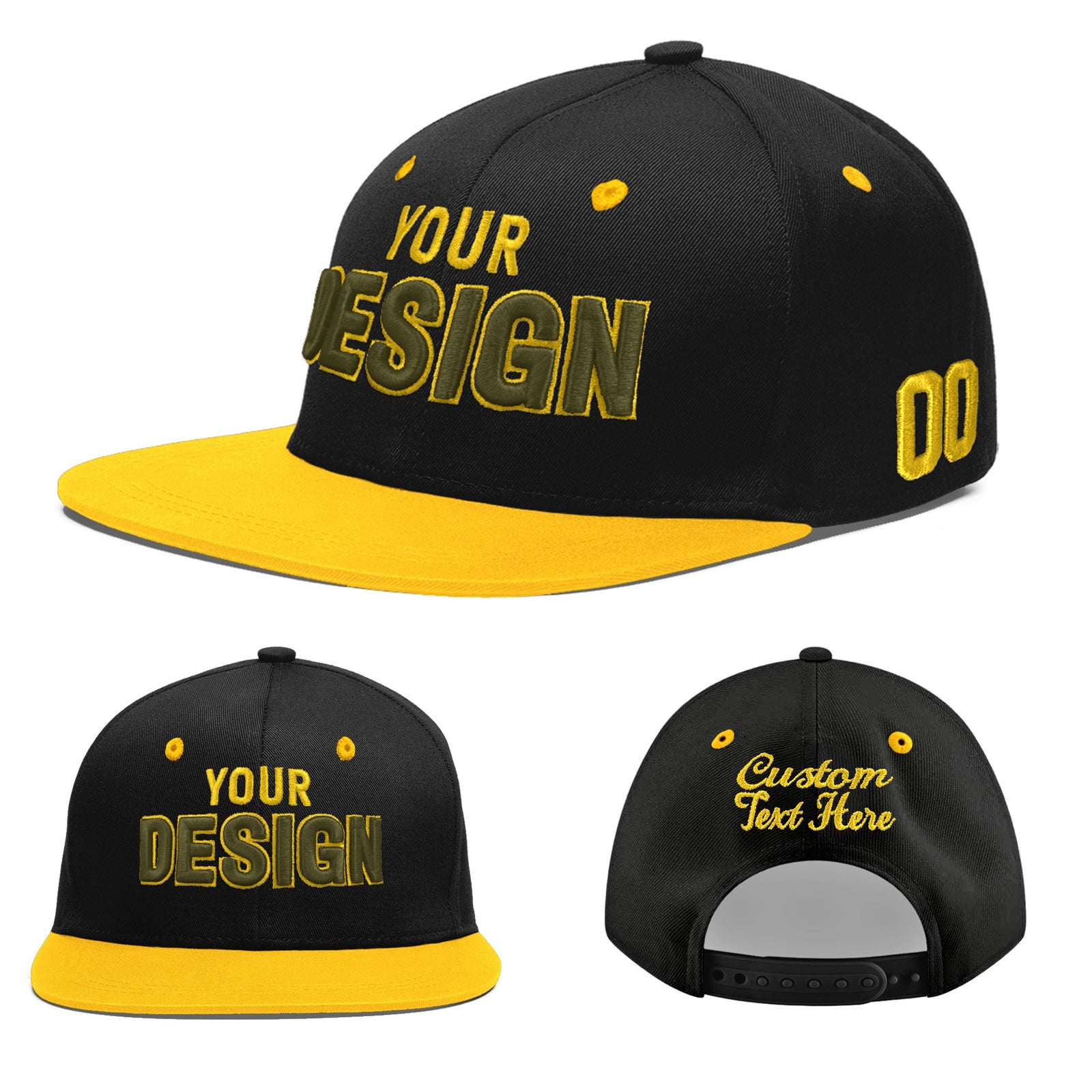 Custom Black Gold 3D Puff Embroidery Flat Embroidery Casual Sport Baseball Cap