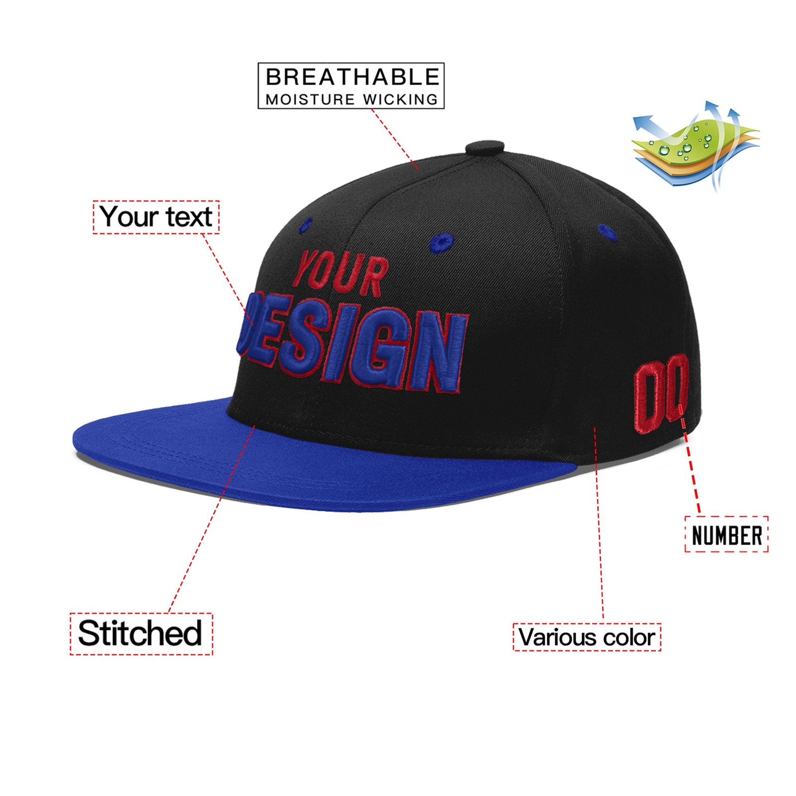 Custom Black Royal Blue 3D Puff Embroidery Flat Embroidery Casual Sport Baseball Cap