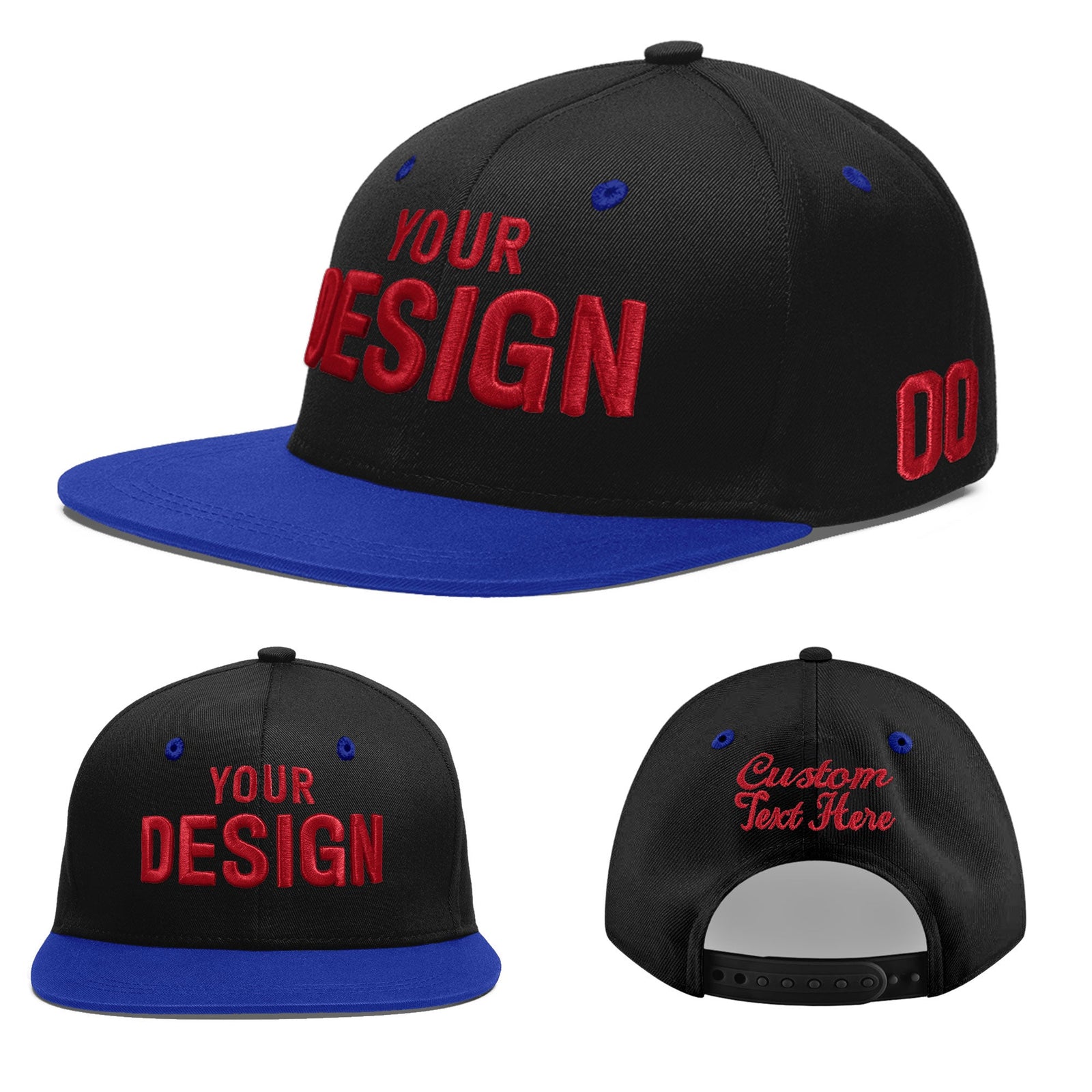 Custom Black Royal Blue 3D Puff Embroidery Flat Embroidery Casual Sport Baseball Cap