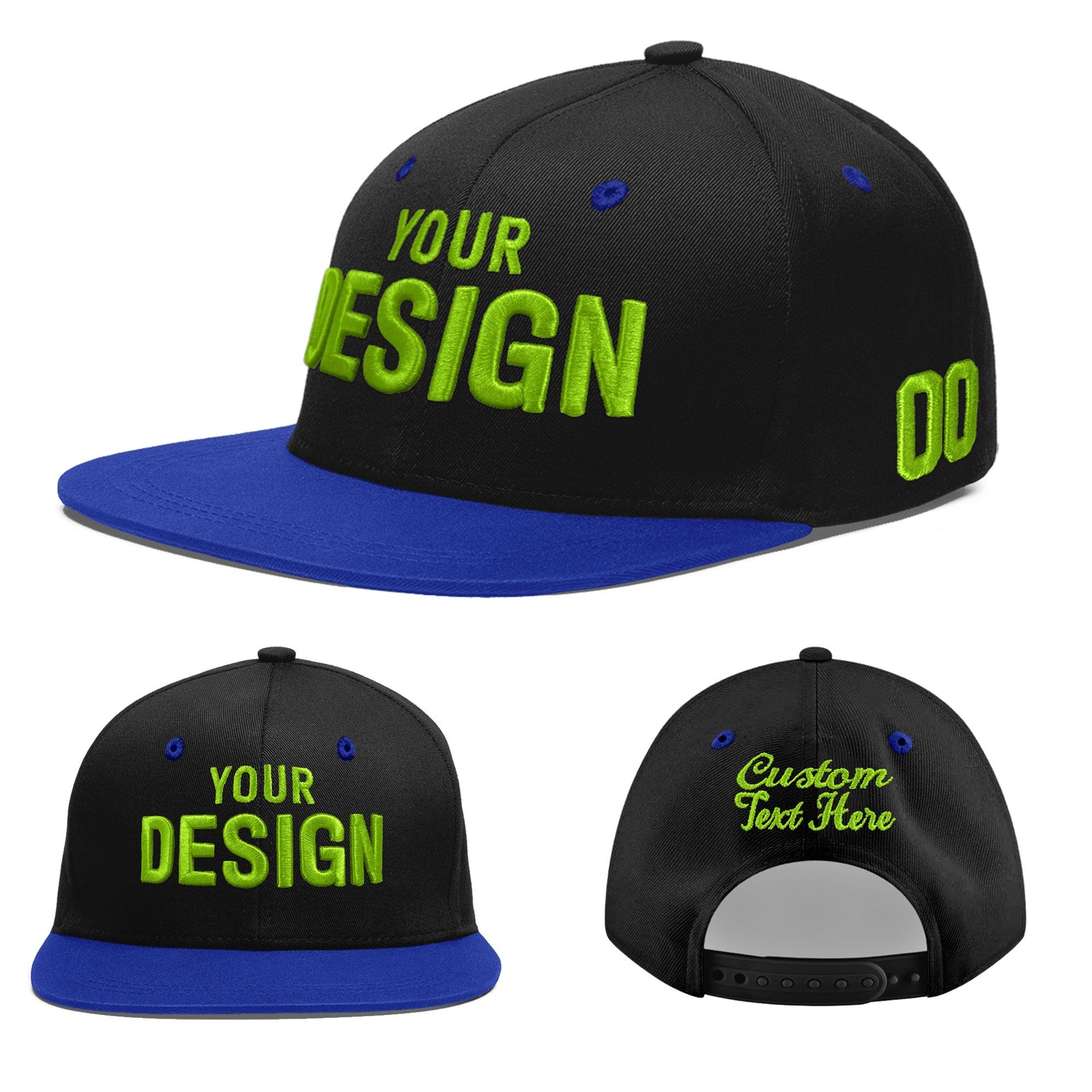 Custom Black Royal Blue 3D Puff Embroidery Flat Embroidery Casual Sport Baseball Cap