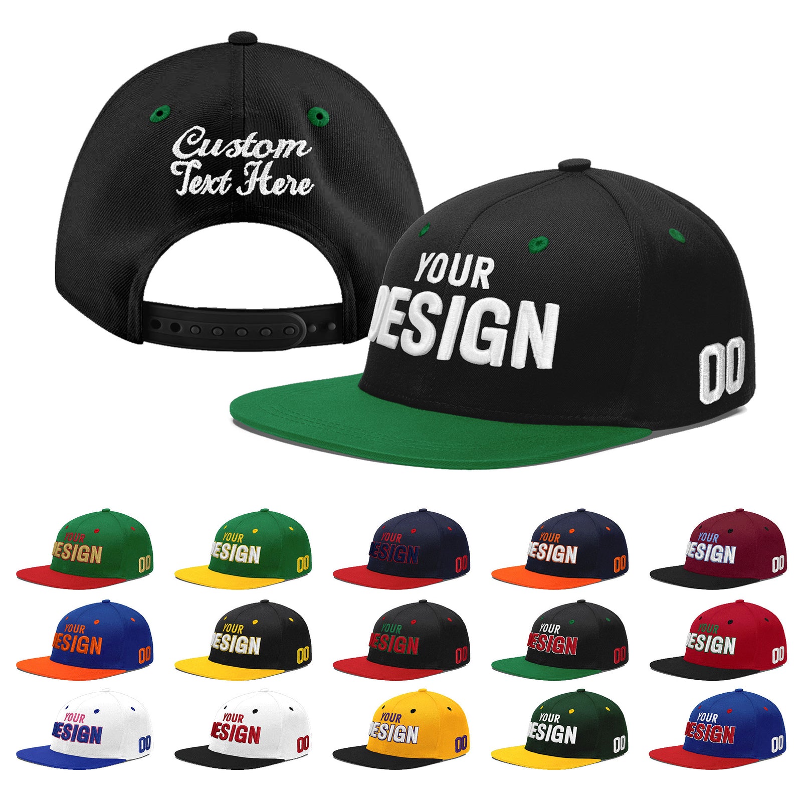 Custom Black Kelly Green 3D Puff Embroidery Flat Embroidery Casual Sport Baseball Cap