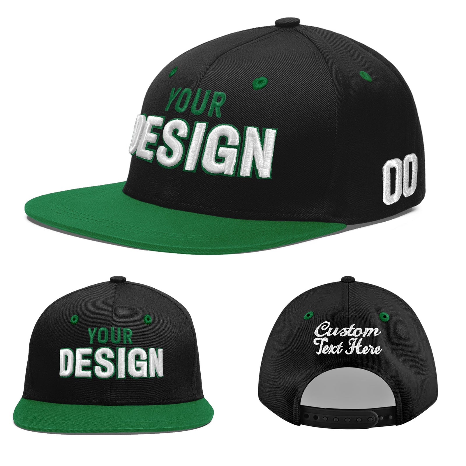 Custom Black Kelly Green 3D Puff Embroidery Flat Embroidery Casual Sport Baseball Cap