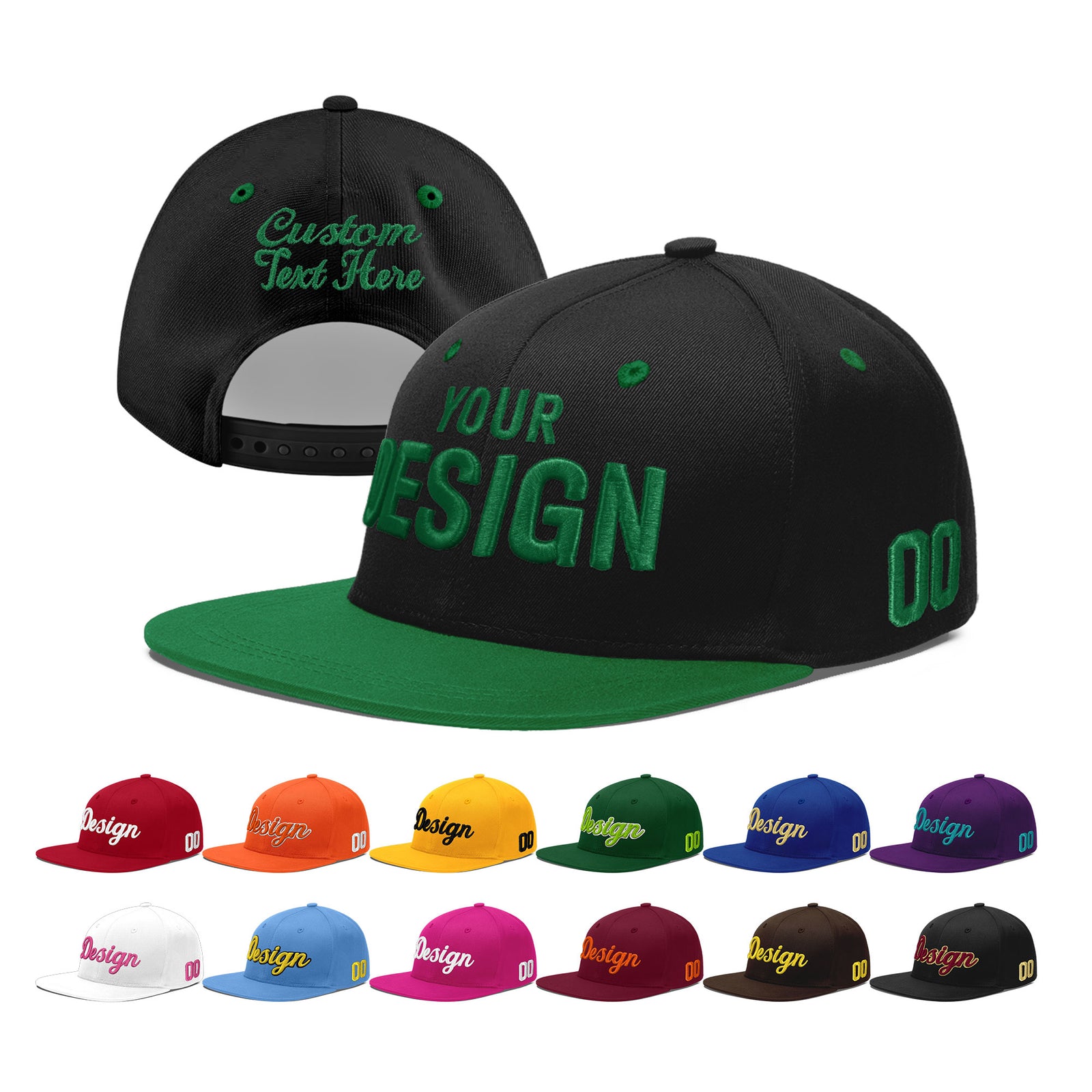 Custom Black Kelly Green 3D Puff Embroidery Flat Embroidery Casual Sport Baseball Cap