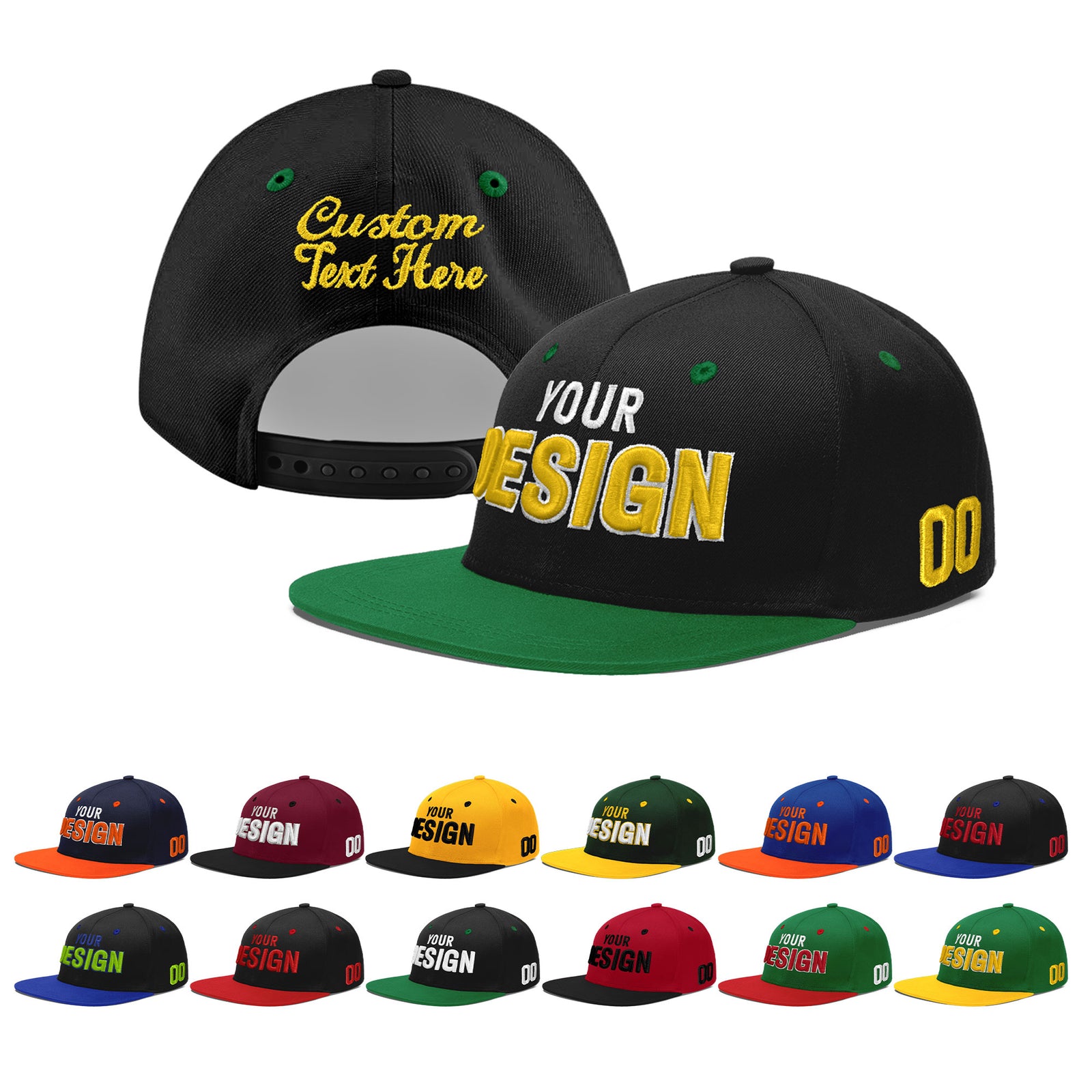 Custom Black Kelly Green 3D Puff Embroidery Flat Embroidery Casual Sport Baseball Cap