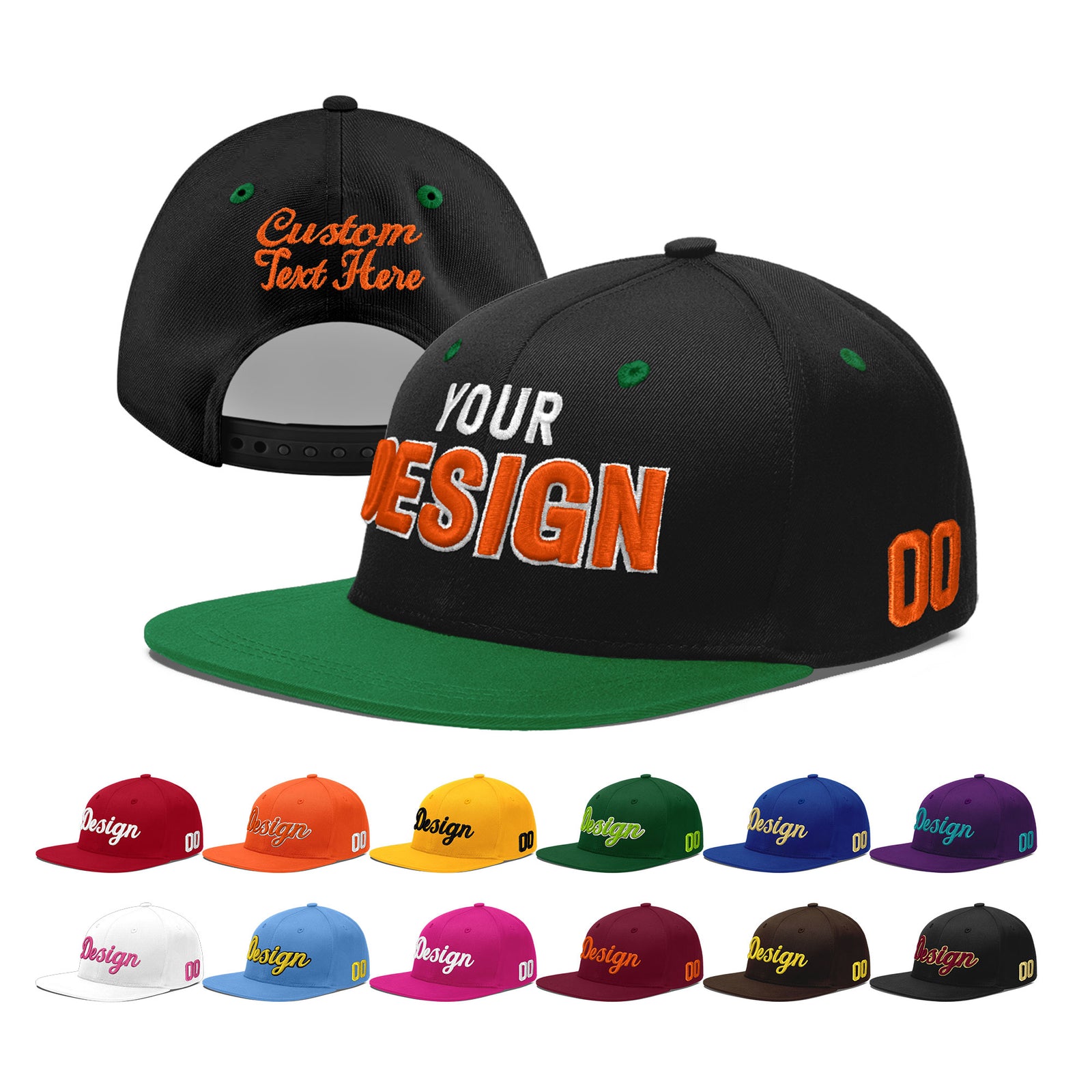 Custom Black Kelly Green 3D Puff Embroidery Flat Embroidery Casual Sport Baseball Cap