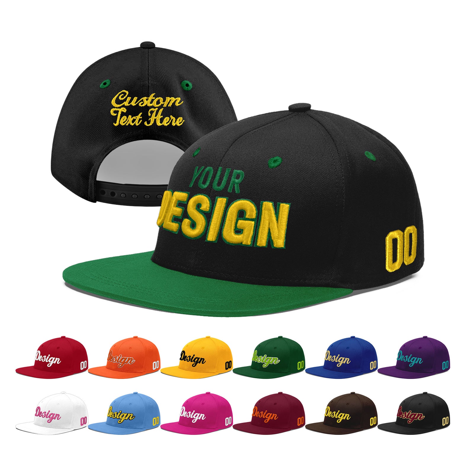 Custom Black Kelly Green 3D Puff Embroidery Flat Embroidery Casual Sport Baseball Cap
