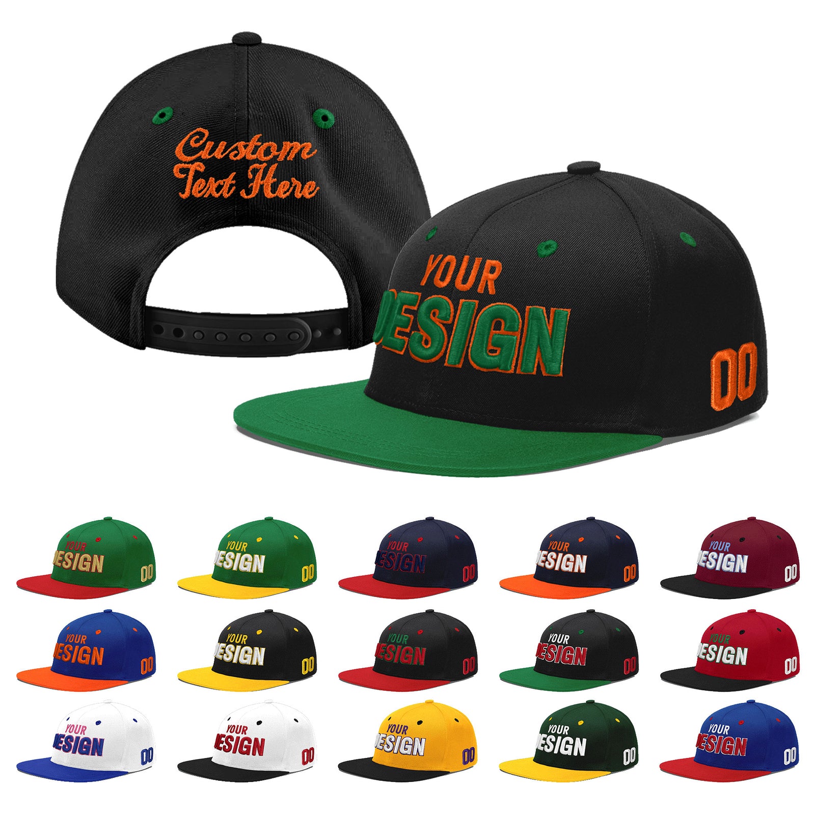 Custom Black Kelly Green 3D Puff Embroidery Flat Embroidery Casual Sport Baseball Cap