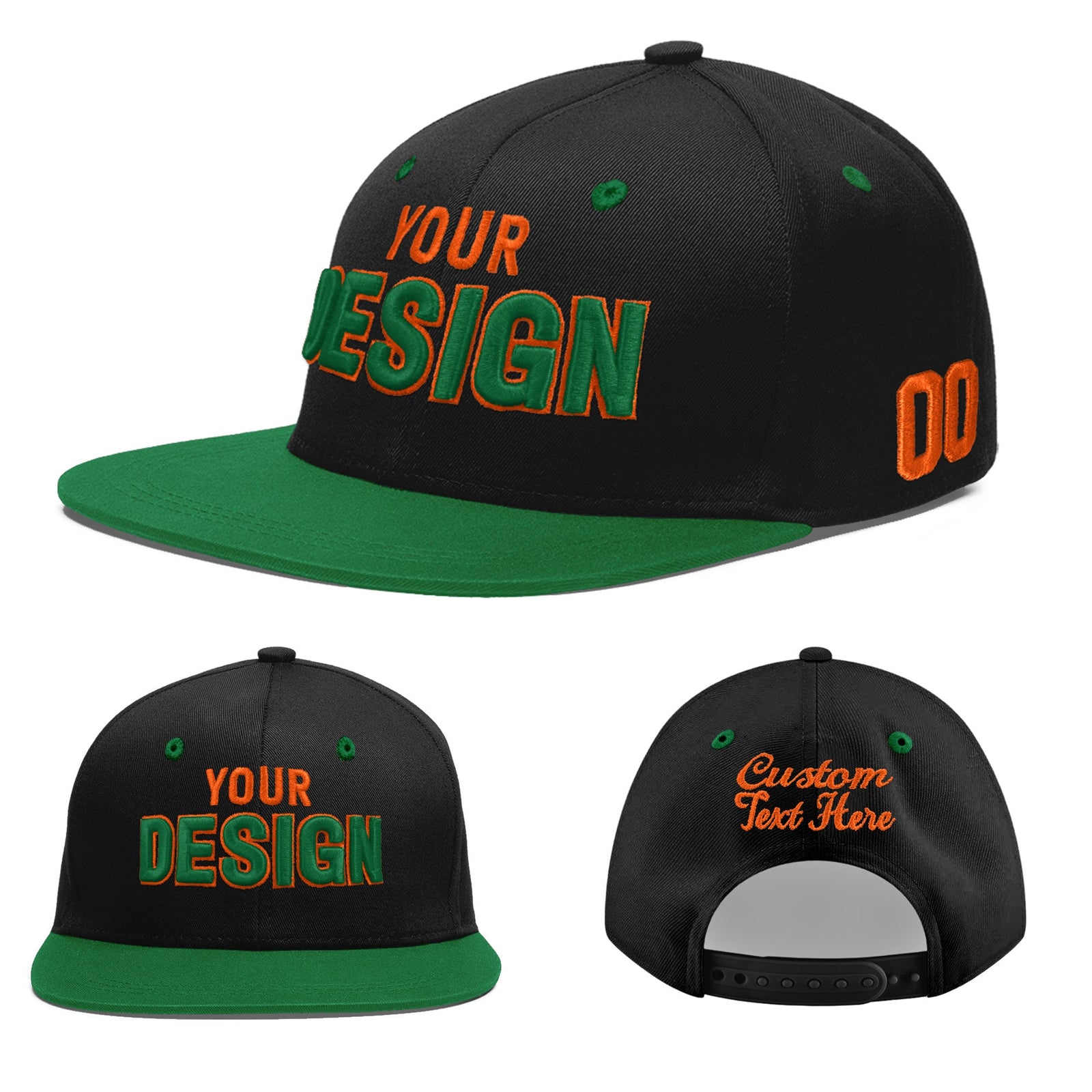 Custom Black Kelly Green 3D Puff Embroidery Flat Embroidery Casual Sport Baseball Cap