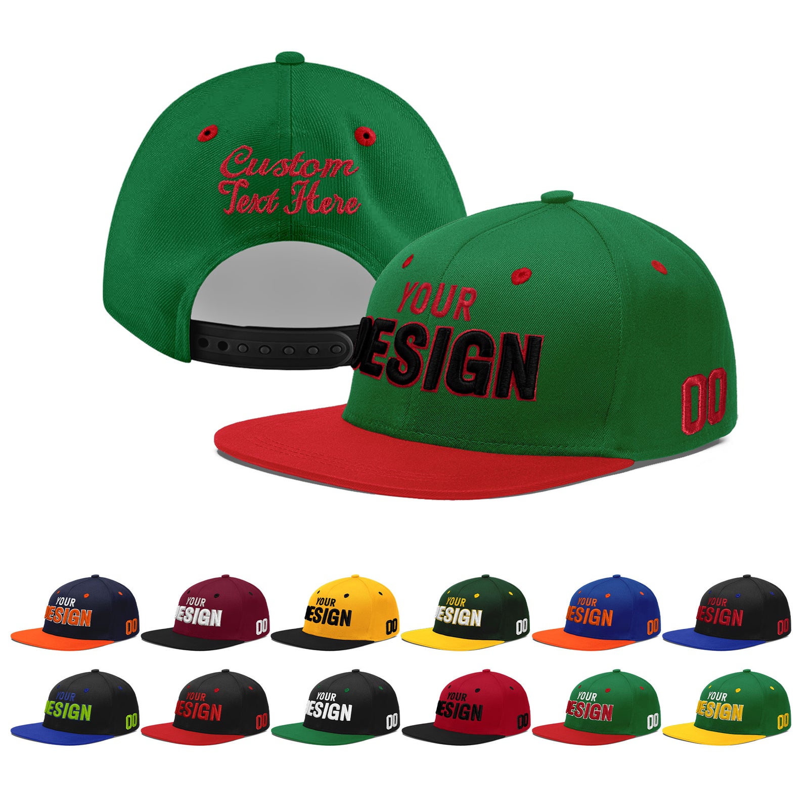 Custom Kelly Green Red 3D Puff Embroidery Flat Embroidery Casual Sport Baseball Cap