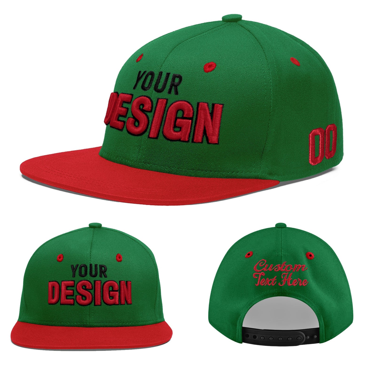 Custom Kelly Green Red 3D Puff Embroidery Flat Embroidery Casual Sport Baseball Cap