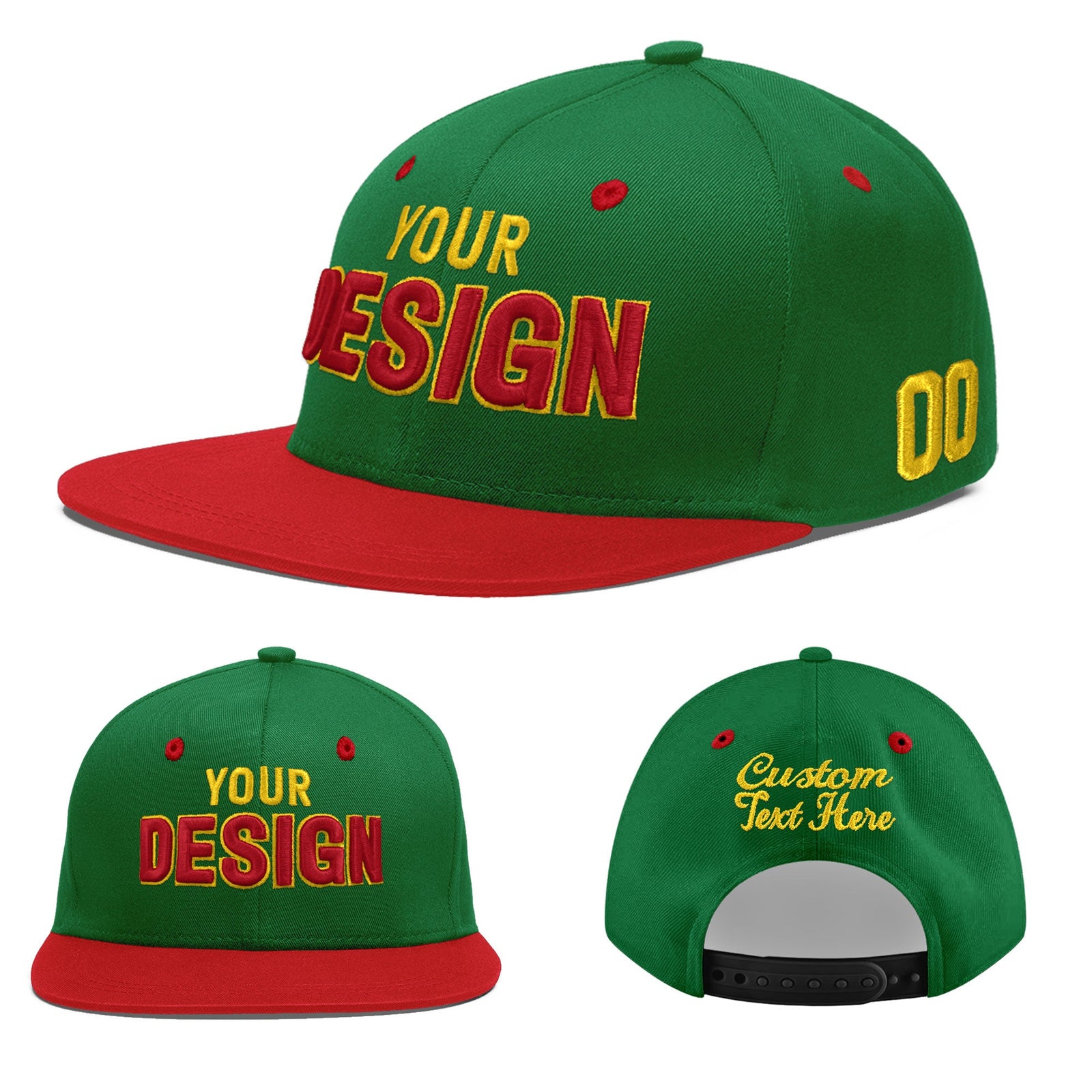 Custom Kelly Green Red 3D Puff Embroidery Flat Embroidery Casual Sport Baseball Cap