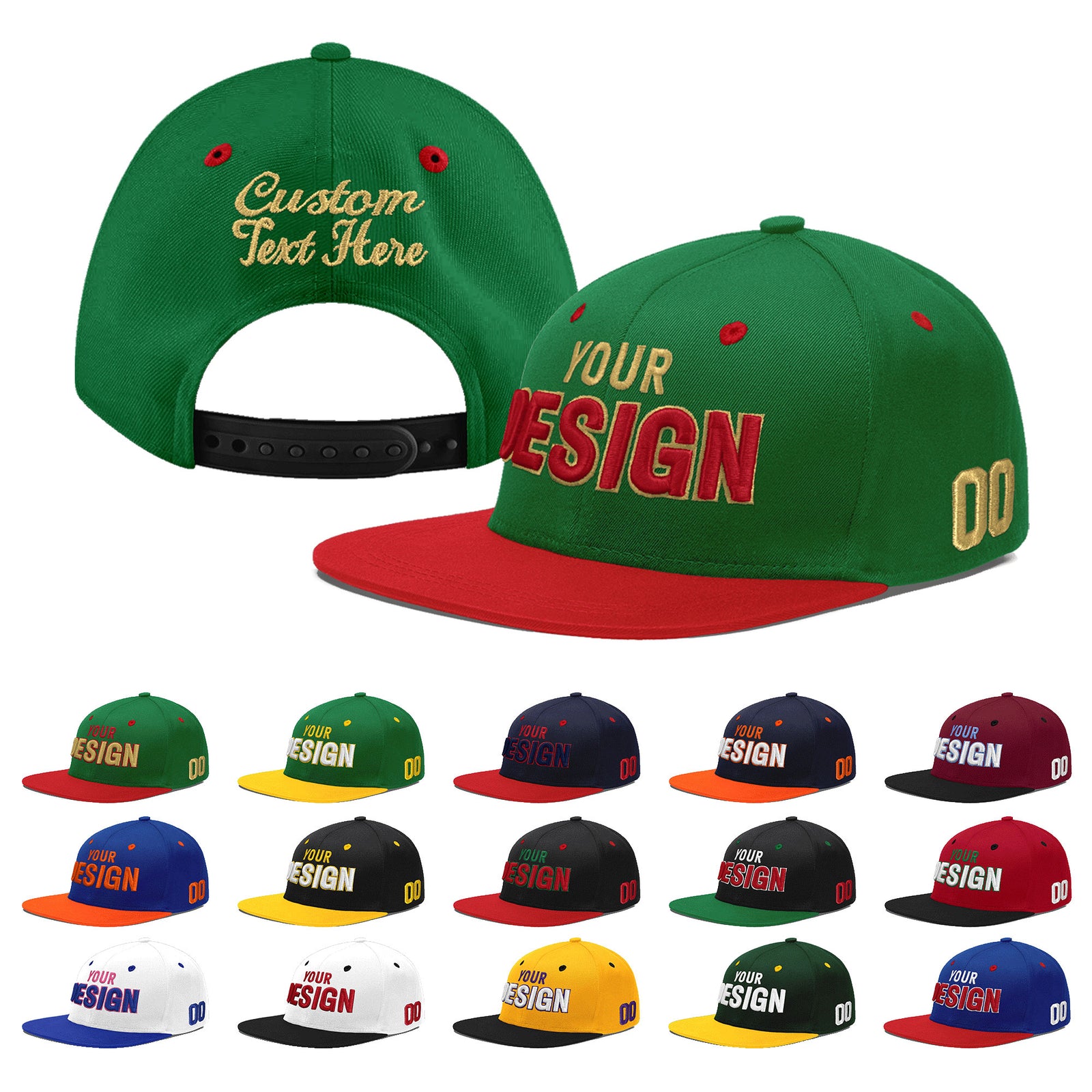 Custom Kelly Green Red 3D Puff Embroidery Flat Embroidery Casual Sport Baseball Cap