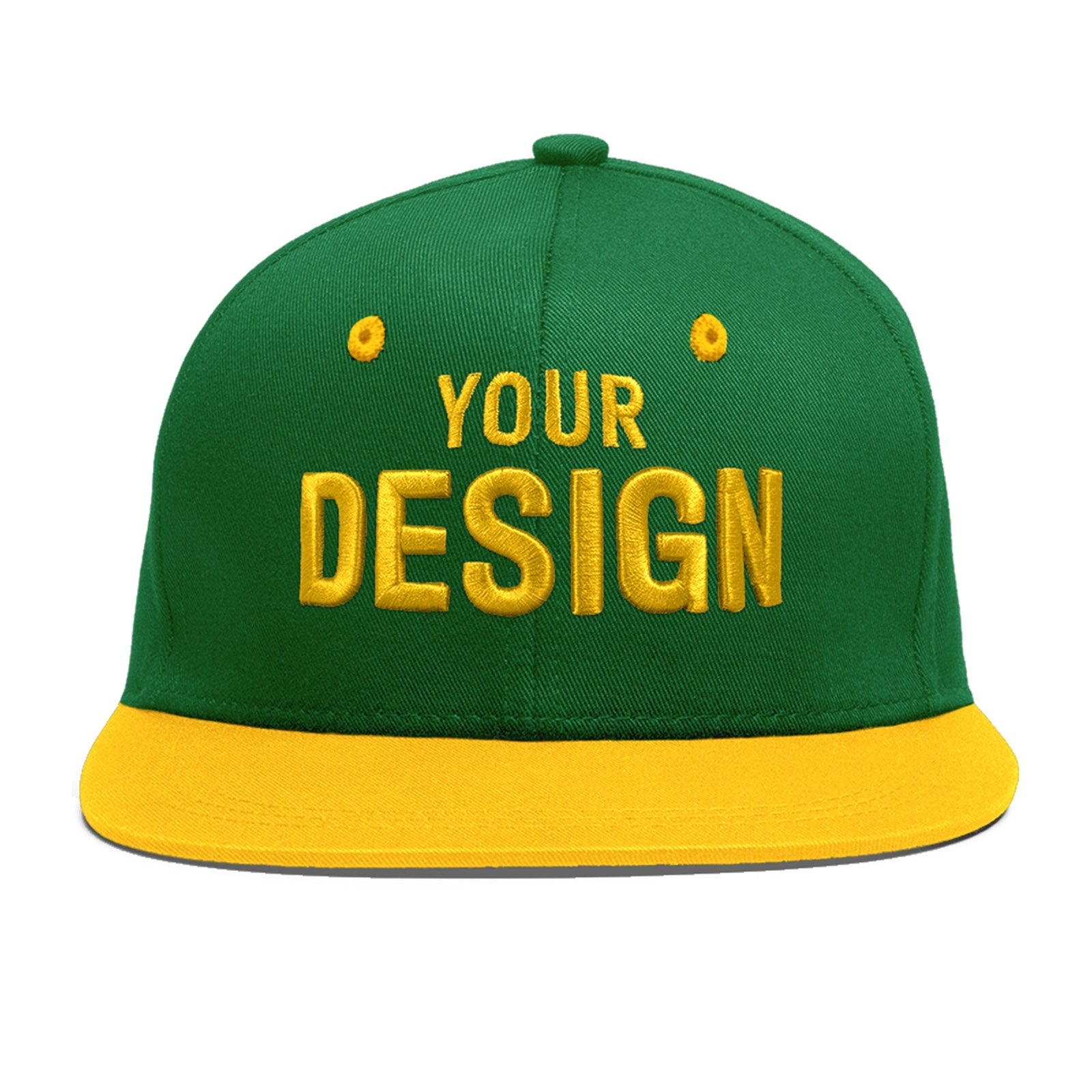 Custom Kelly Green Gold 3D Puff Embroidery Flat Embroidery Casual Sport Baseball Cap