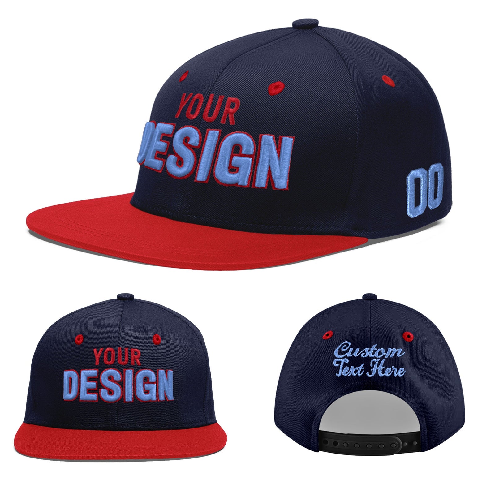 Custom Navy Red 3D Puff Embroidery Flat Embroidery Casual Sport Baseball Cap