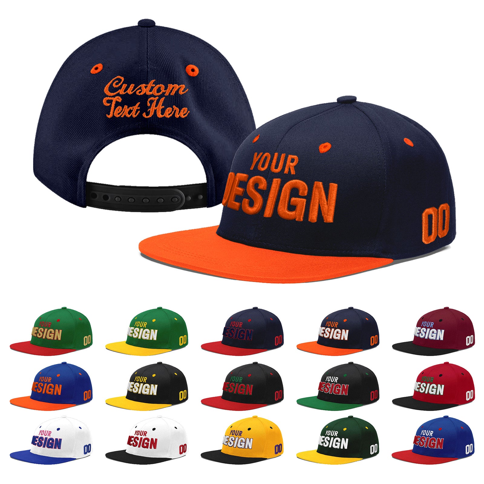 Custom Navy Orange 3D Puff Embroidery Flat Embroidery Casual Sport Baseball Cap