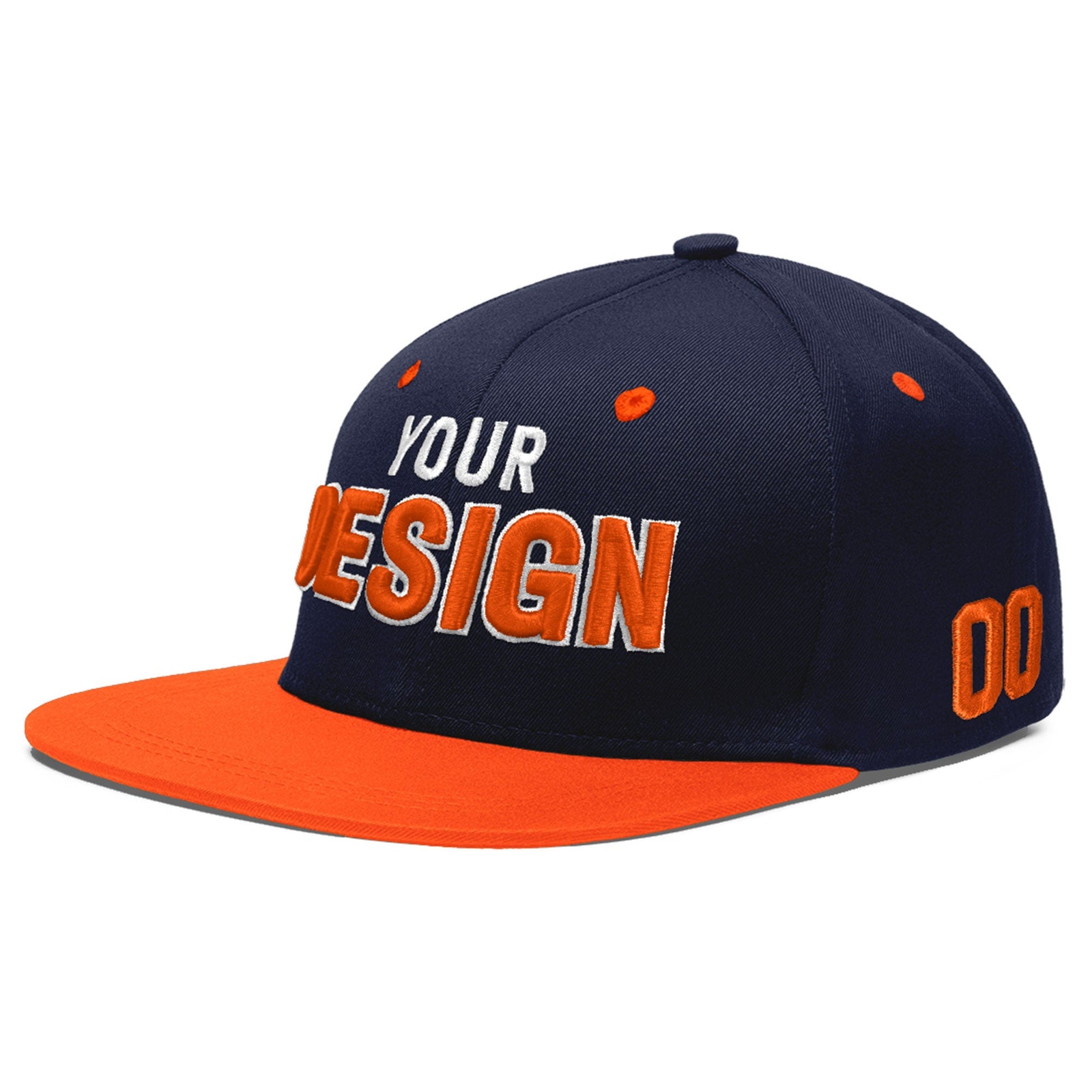 Custom Navy Orange 3D Puff Embroidery Flat Embroidery Casual Sport Baseball Cap
