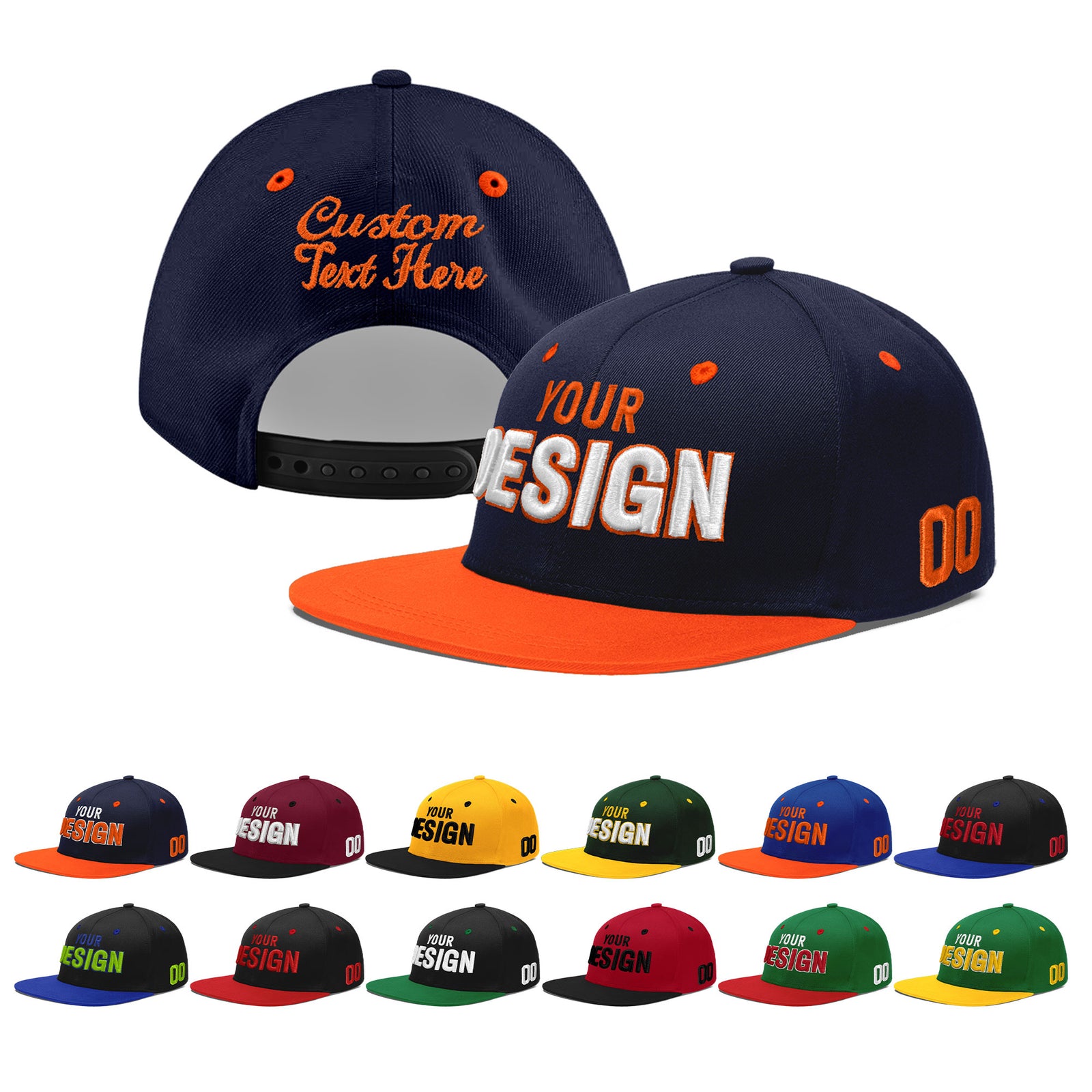 Custom Navy Orange 3D Puff Embroidery Flat Embroidery Casual Sport Baseball Cap