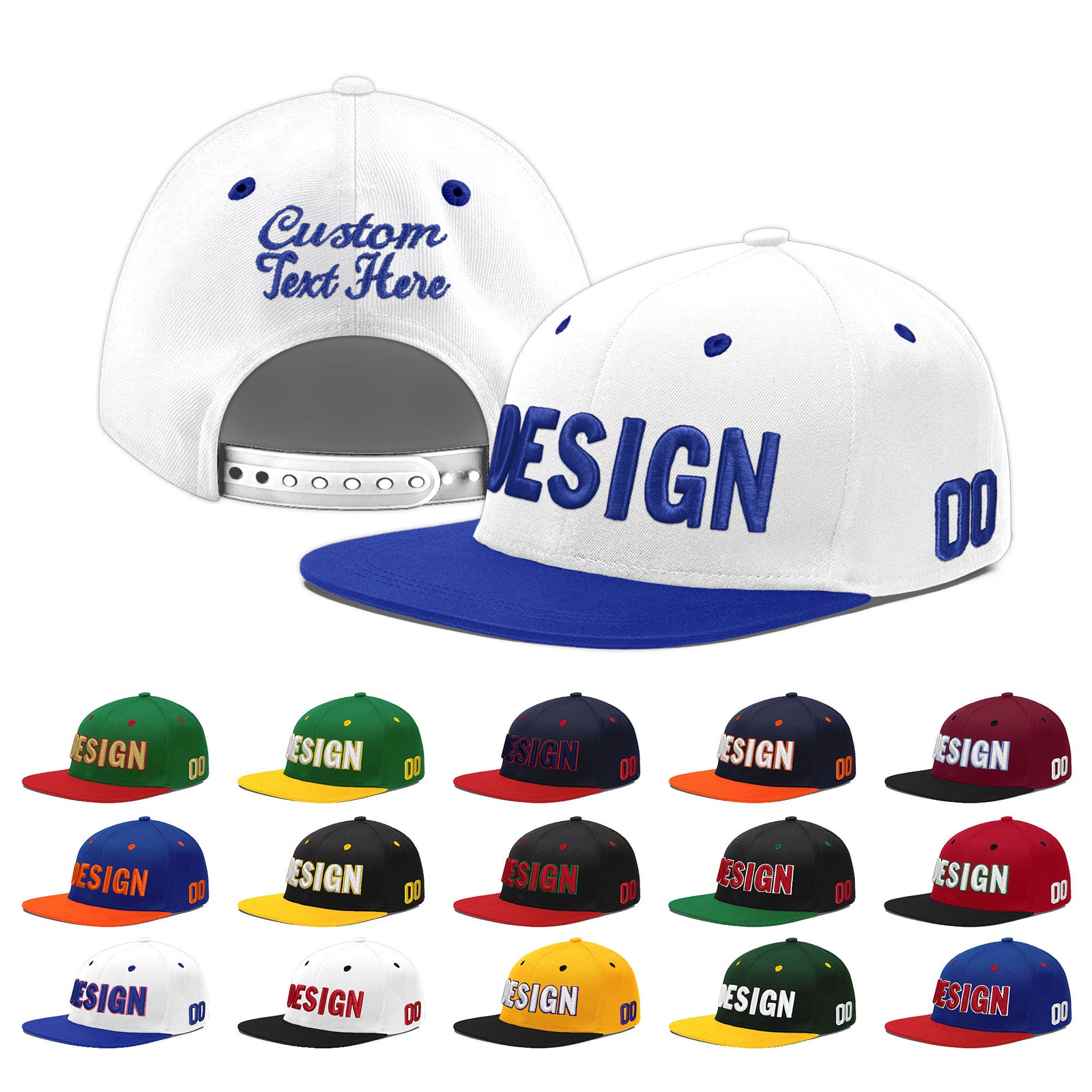 Custom White Royal Blue 3D Puff Embroidery Flat Embroidery Casual Sport Baseball Cap
