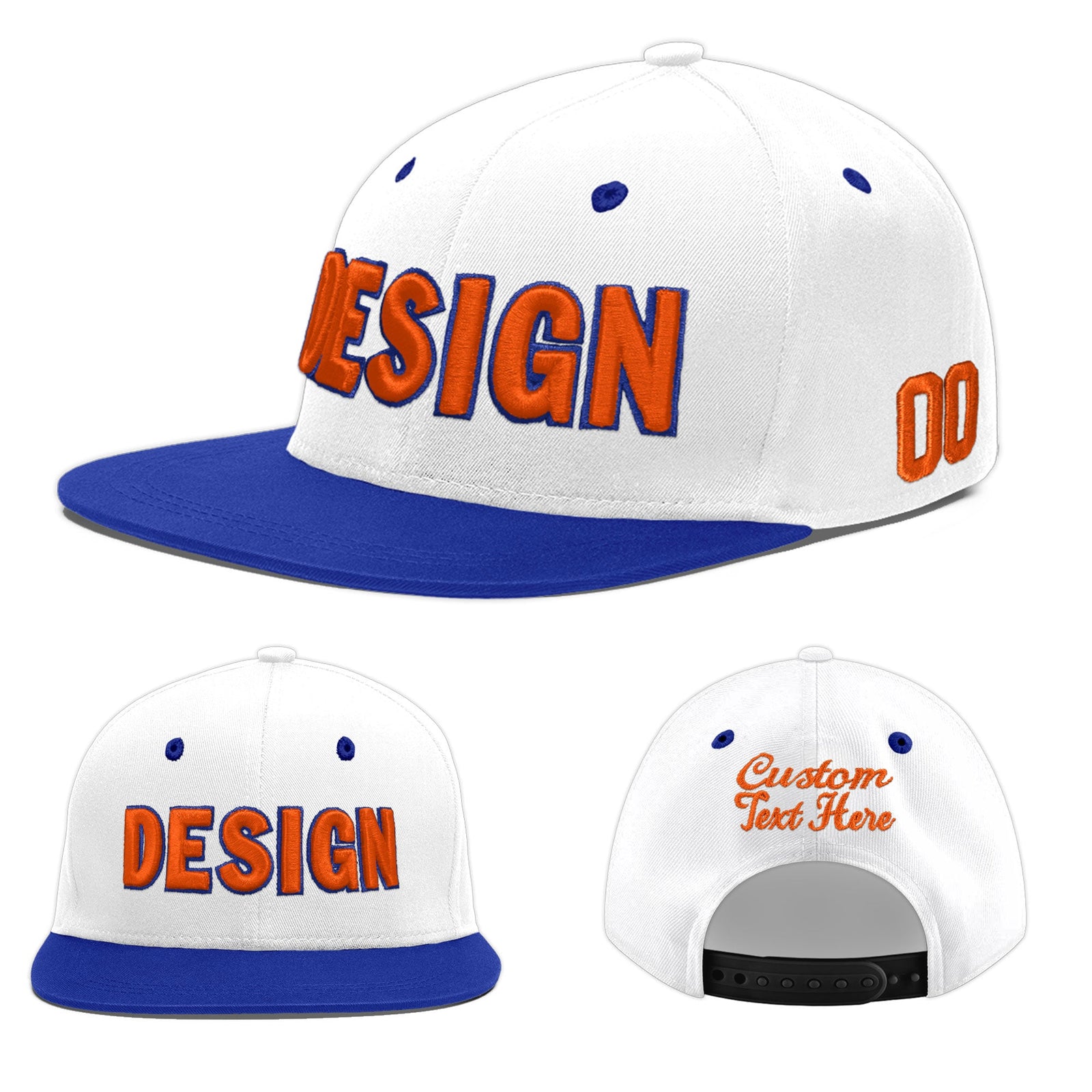 Custom White Royal Blue 3D Puff Embroidery Flat Embroidery Casual Sport Baseball Cap