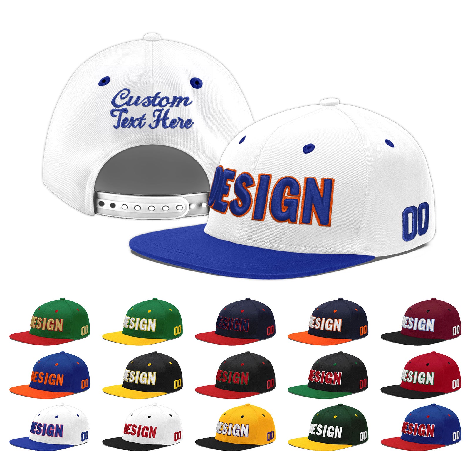 Custom White Royal Blue 3D Puff Embroidery Flat Embroidery Casual Sport Baseball Cap