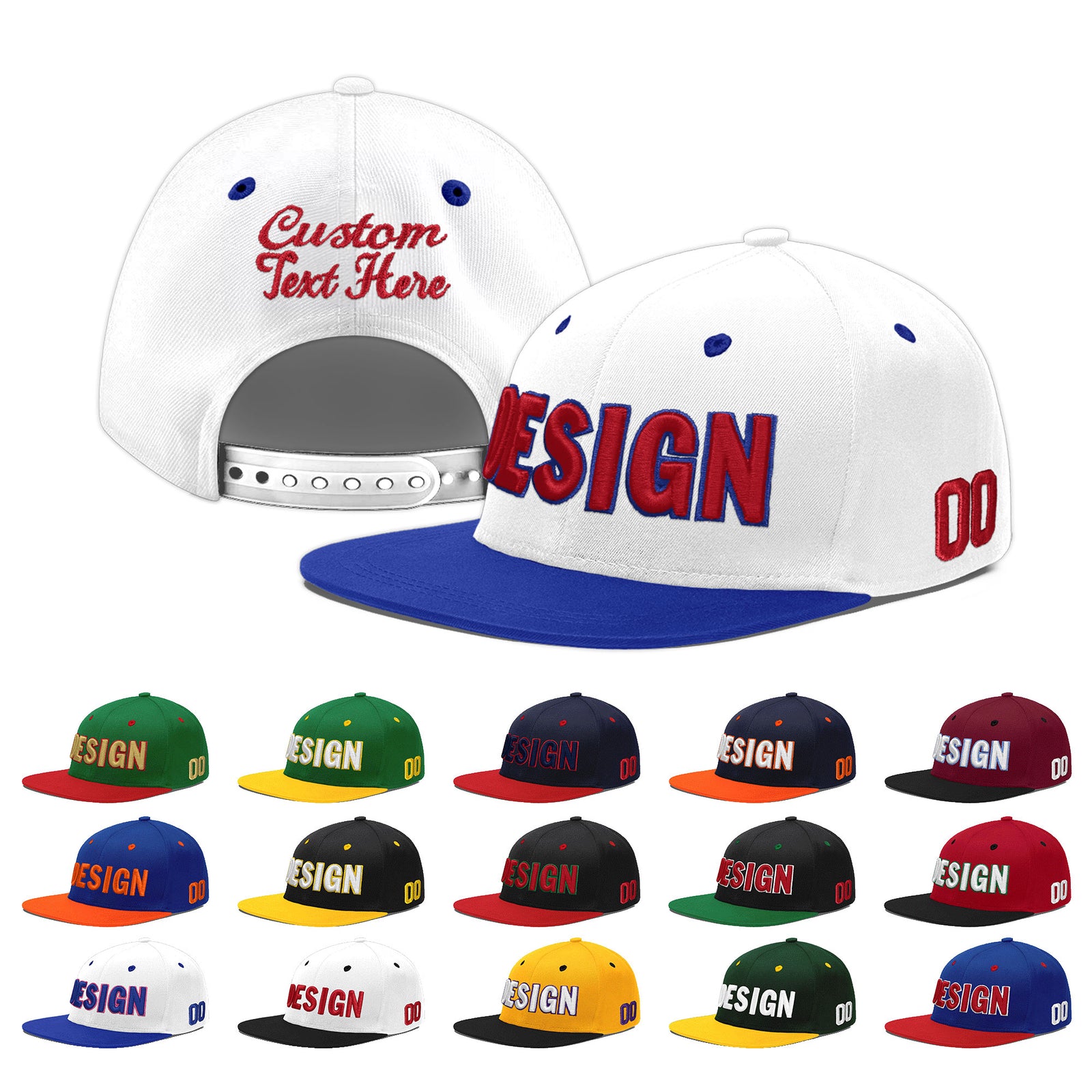 Custom White Royal Blue 3D Puff Embroidery Flat Embroidery Casual Sport Baseball Cap