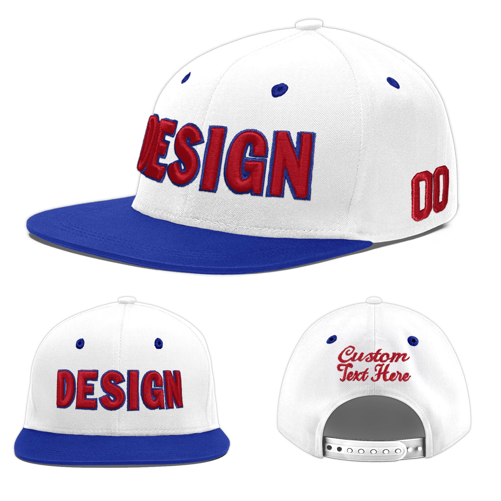 Custom White Royal Blue 3D Puff Embroidery Flat Embroidery Casual Sport Baseball Cap