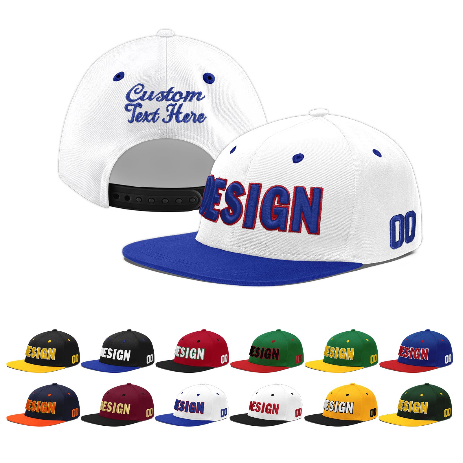 Custom White Royal Blue 3D Puff Embroidery Flat Embroidery Casual Sport Baseball Cap