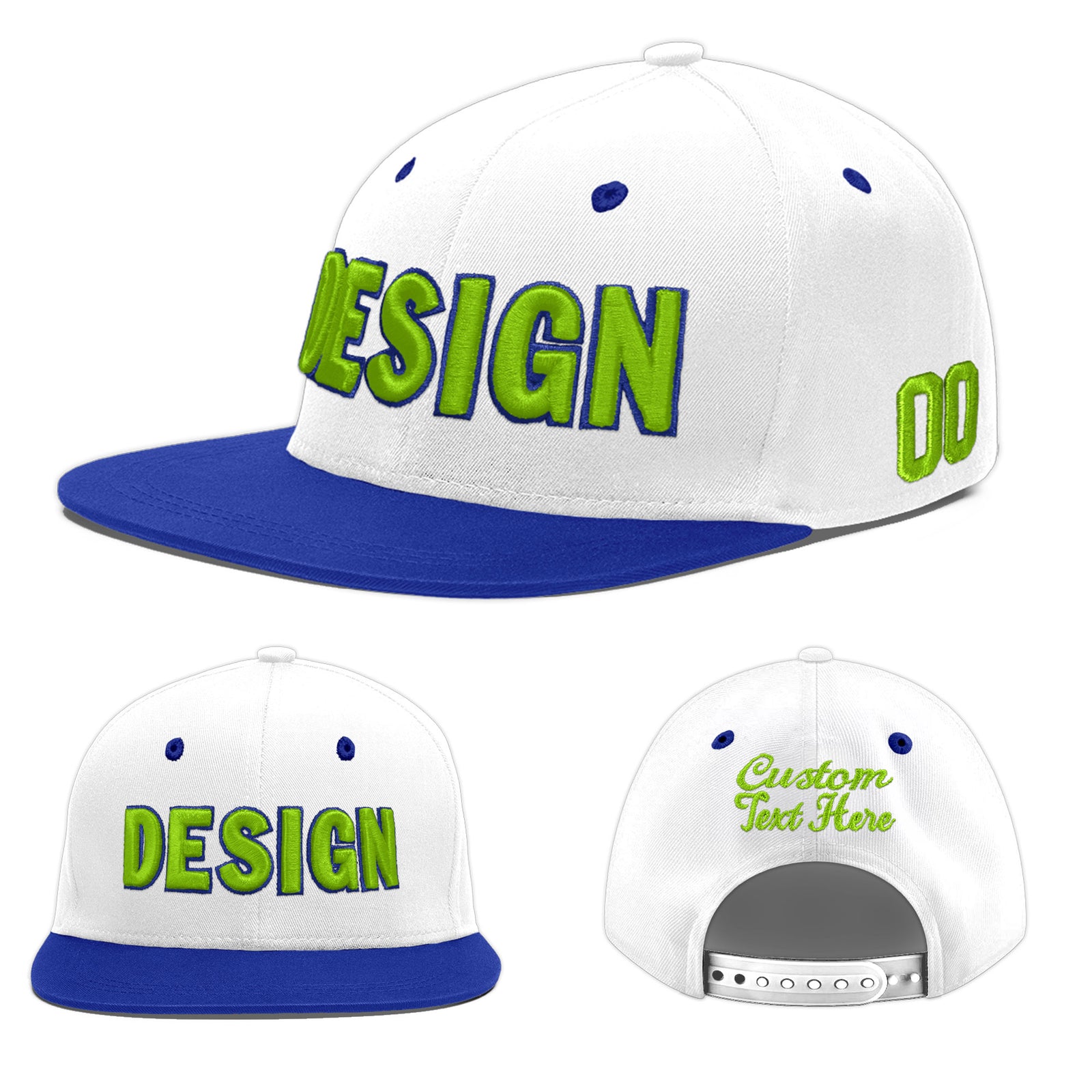 Custom White Royal Blue 3D Puff Embroidery Flat Embroidery Casual Sport Baseball Cap