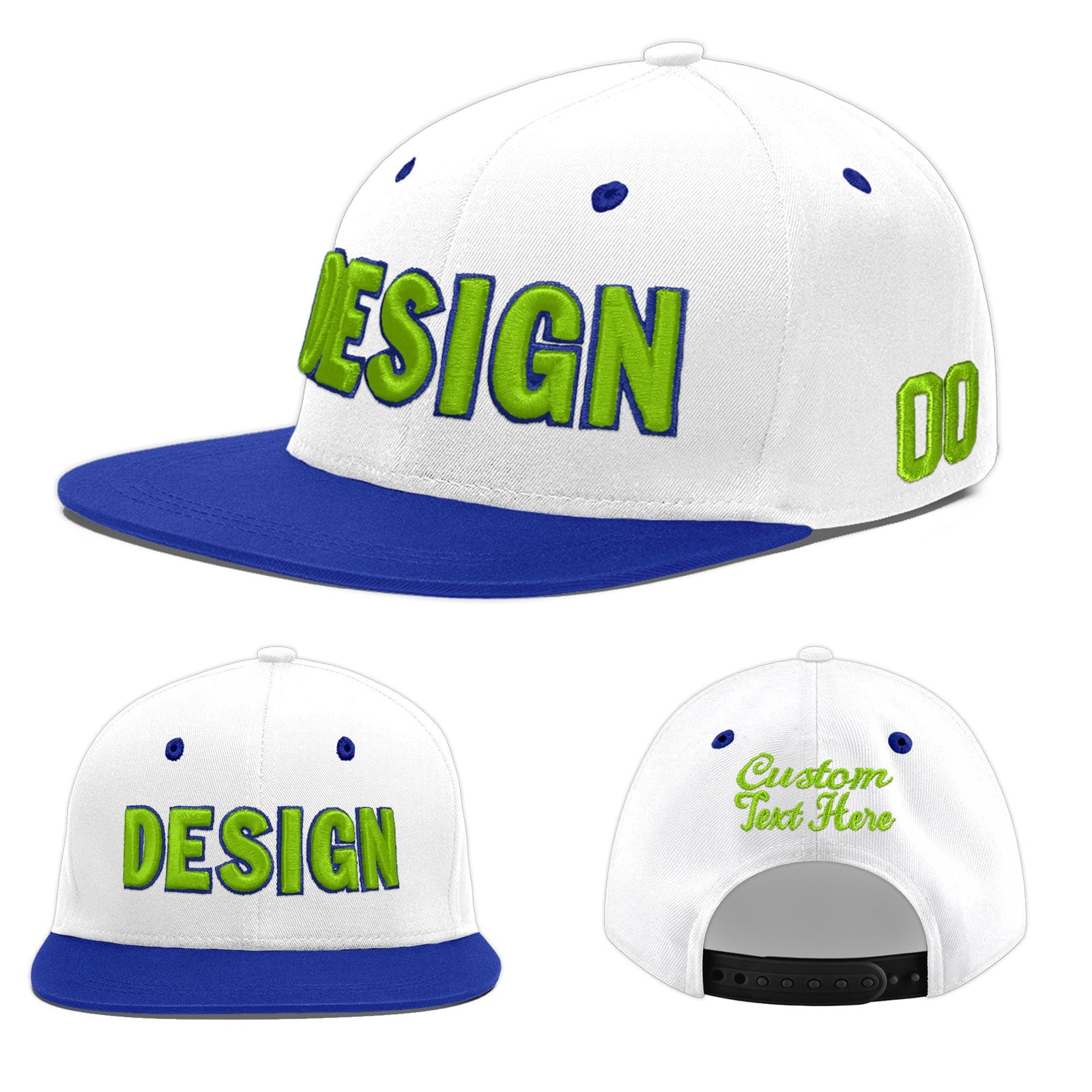 Custom White Royal Blue 3D Puff Embroidery Flat Embroidery Casual Sport Baseball Cap