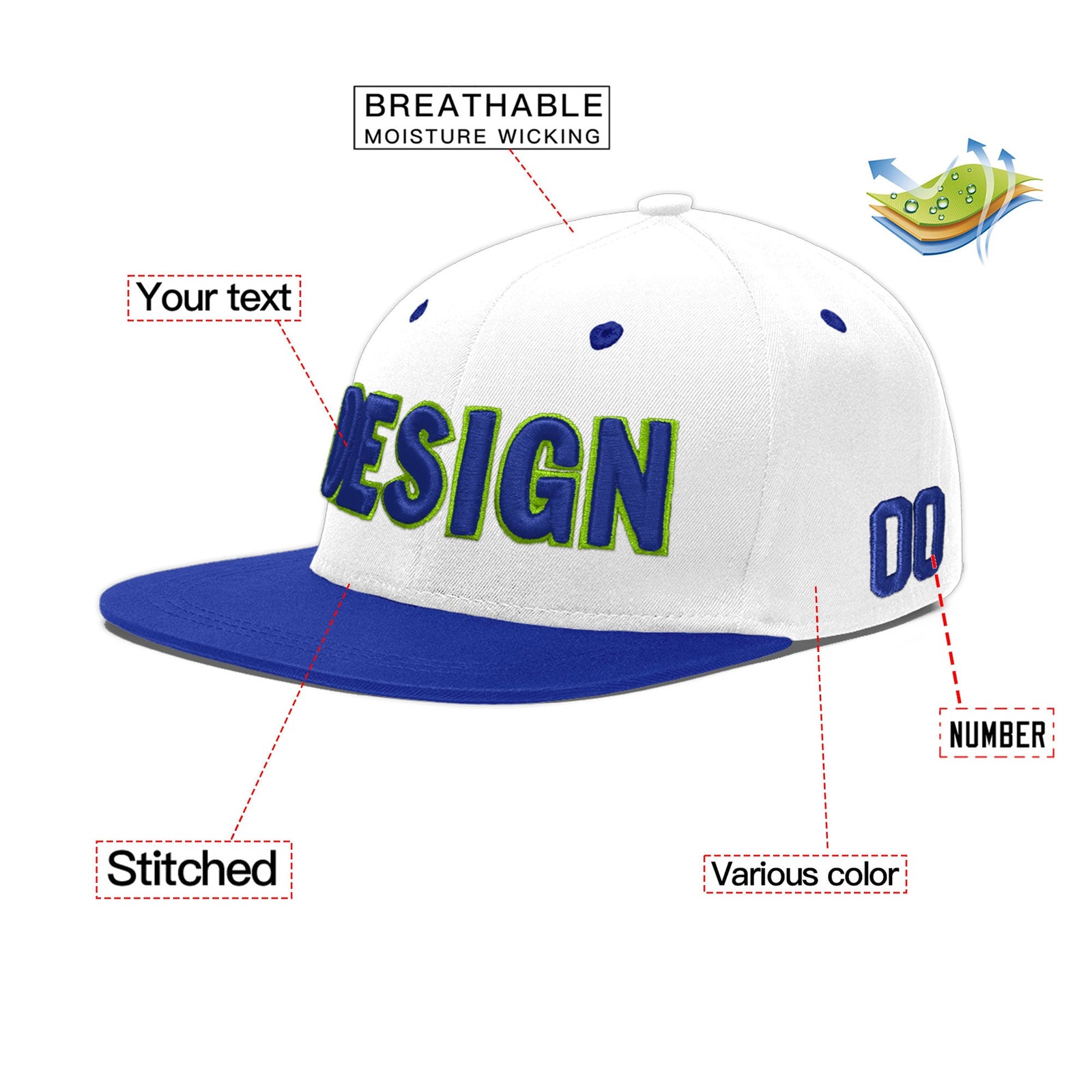 Custom White Royal Blue 45D Puff Embroidery Flat Embroidery Casual Sport Baseball Cap