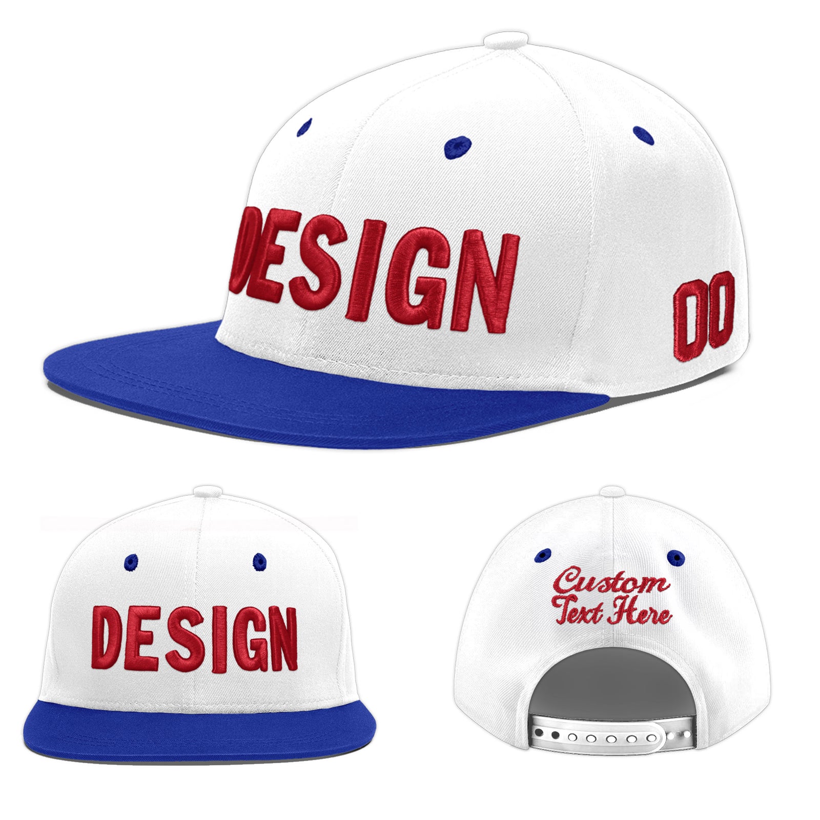 Custom White Royal Blue 52D Puff Embroidery Flat Embroidery Casual Sport Baseball Cap