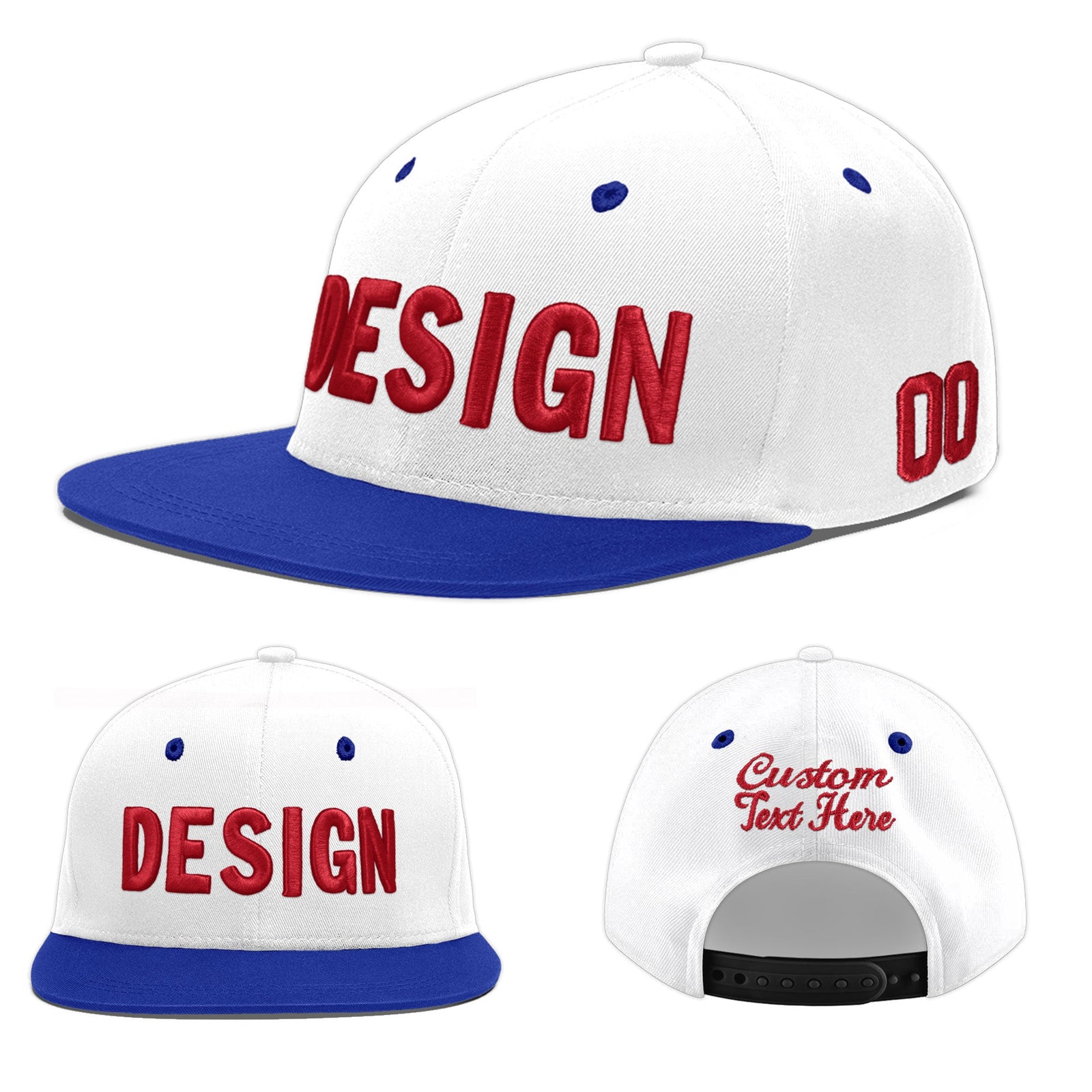 Custom White Royal Blue 52D Puff Embroidery Flat Embroidery Casual Sport Baseball Cap