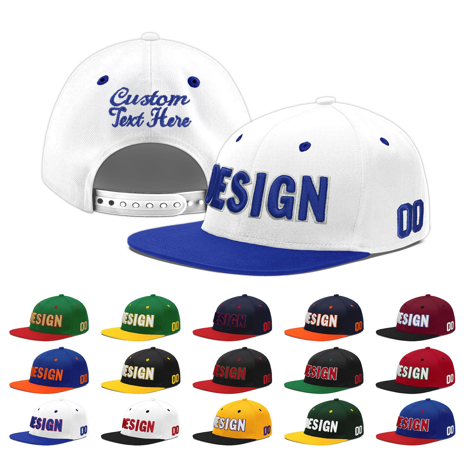 Custom White Royal Blue 67D Puff Embroidery Flat Embroidery Casual Sport Baseball Cap