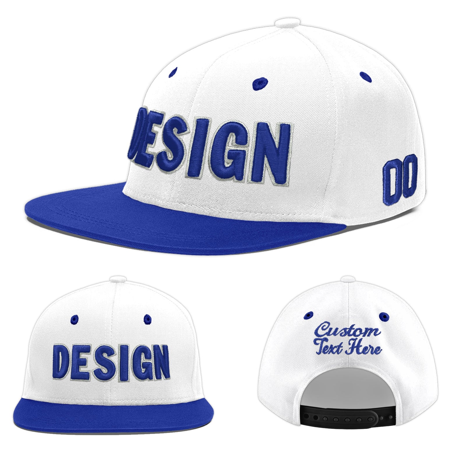 Custom White Royal Blue 68D Puff Embroidery Flat Embroidery Casual Sport Baseball Cap