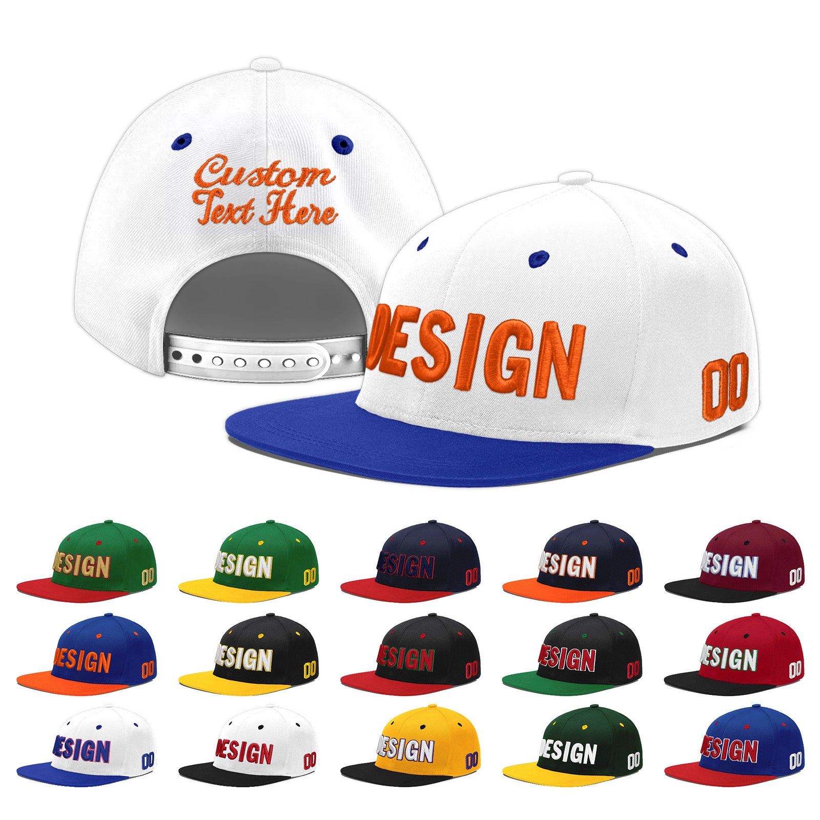 Custom White Royal Blue 75D Puff Embroidery Flat Embroidery Casual Sport Baseball Cap