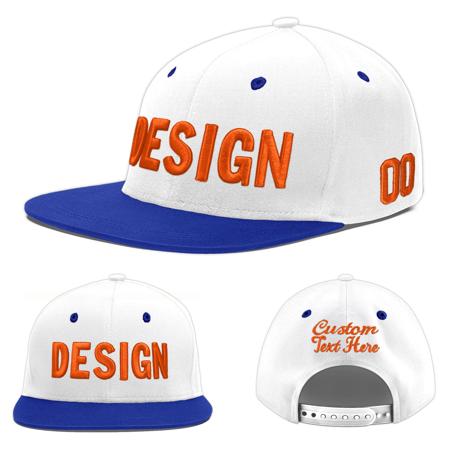 Custom White Royal Blue 76D Puff Embroidery Flat Embroidery Casual Sport Baseball Cap