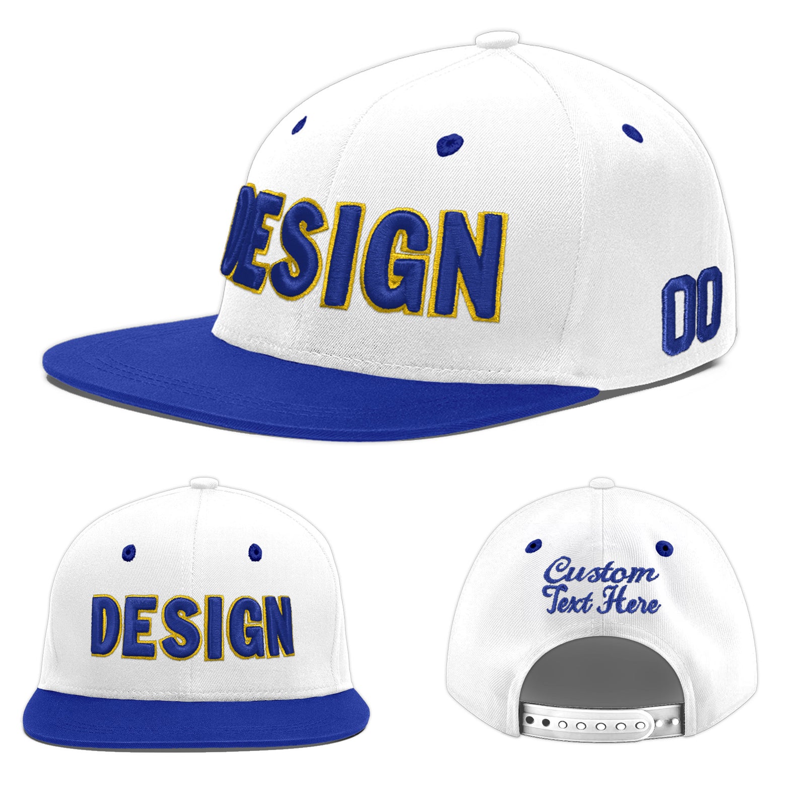 Custom White Royal Blue 52D Puff Embroidery Flat Embroidery Casual Sport Baseball Cap